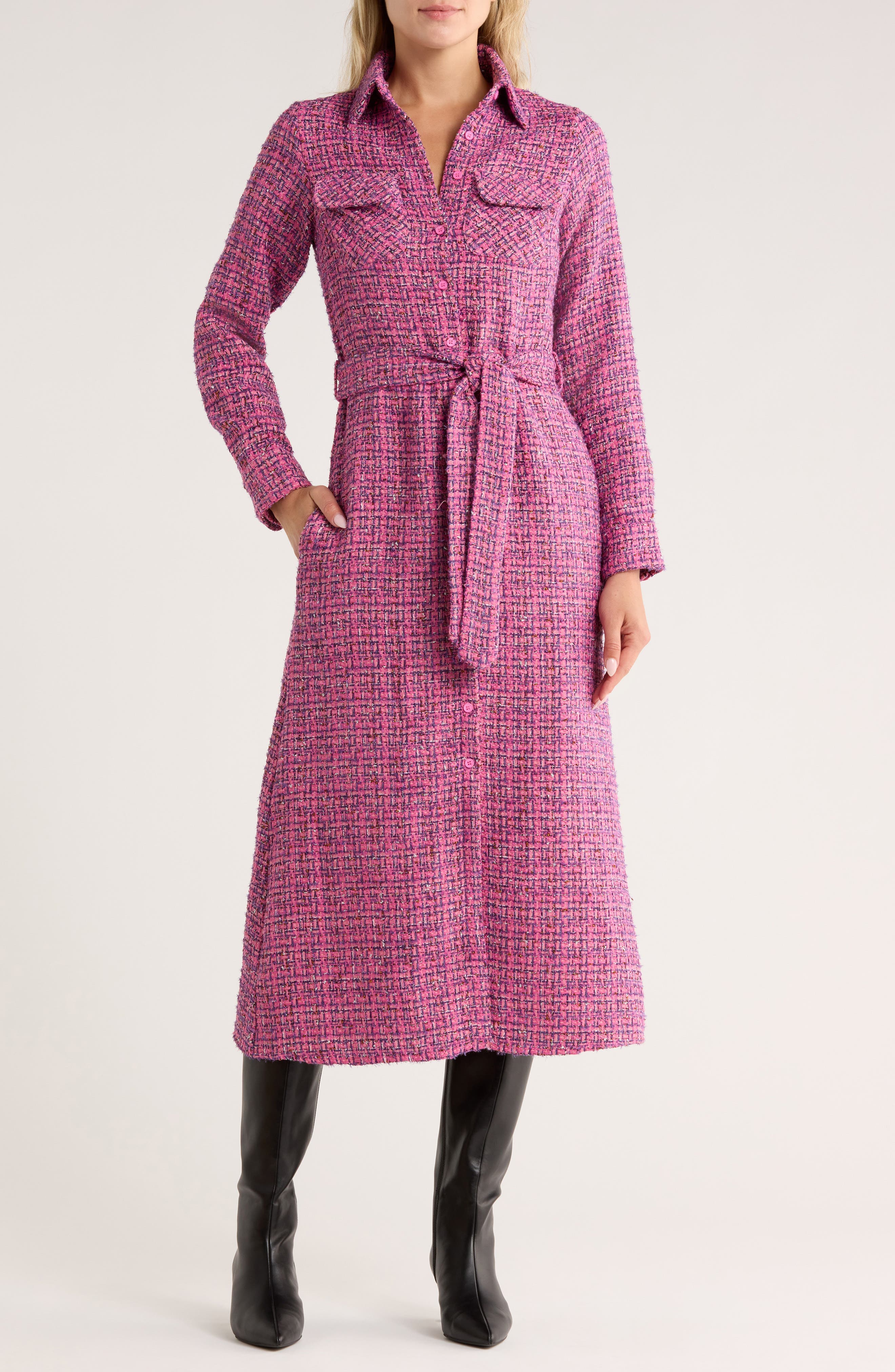 Dela Long Sleeve Tweed Shirtdress - image 1