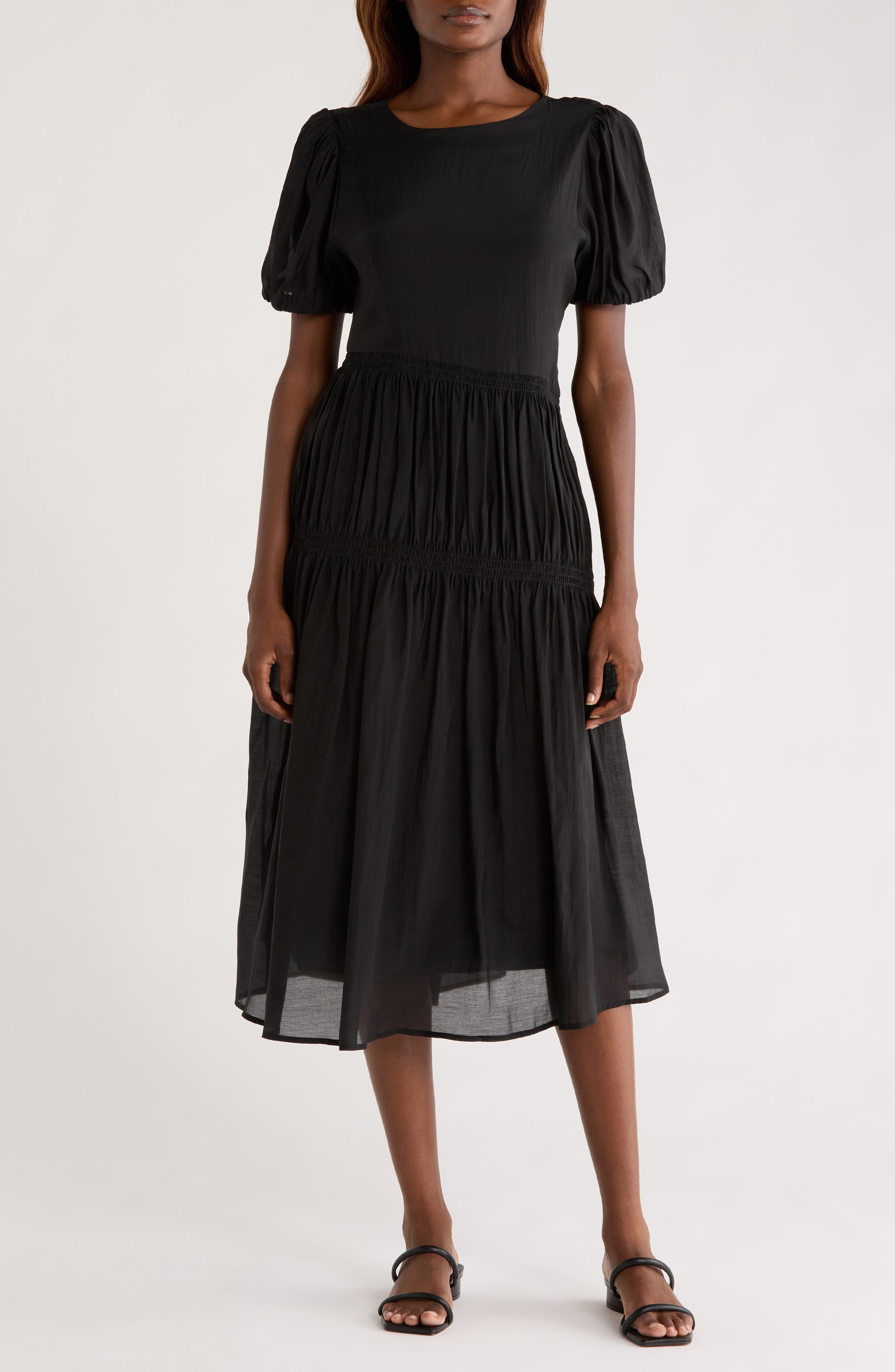 Puff Sleeve Smocked Tiered Midi Dress - image 1