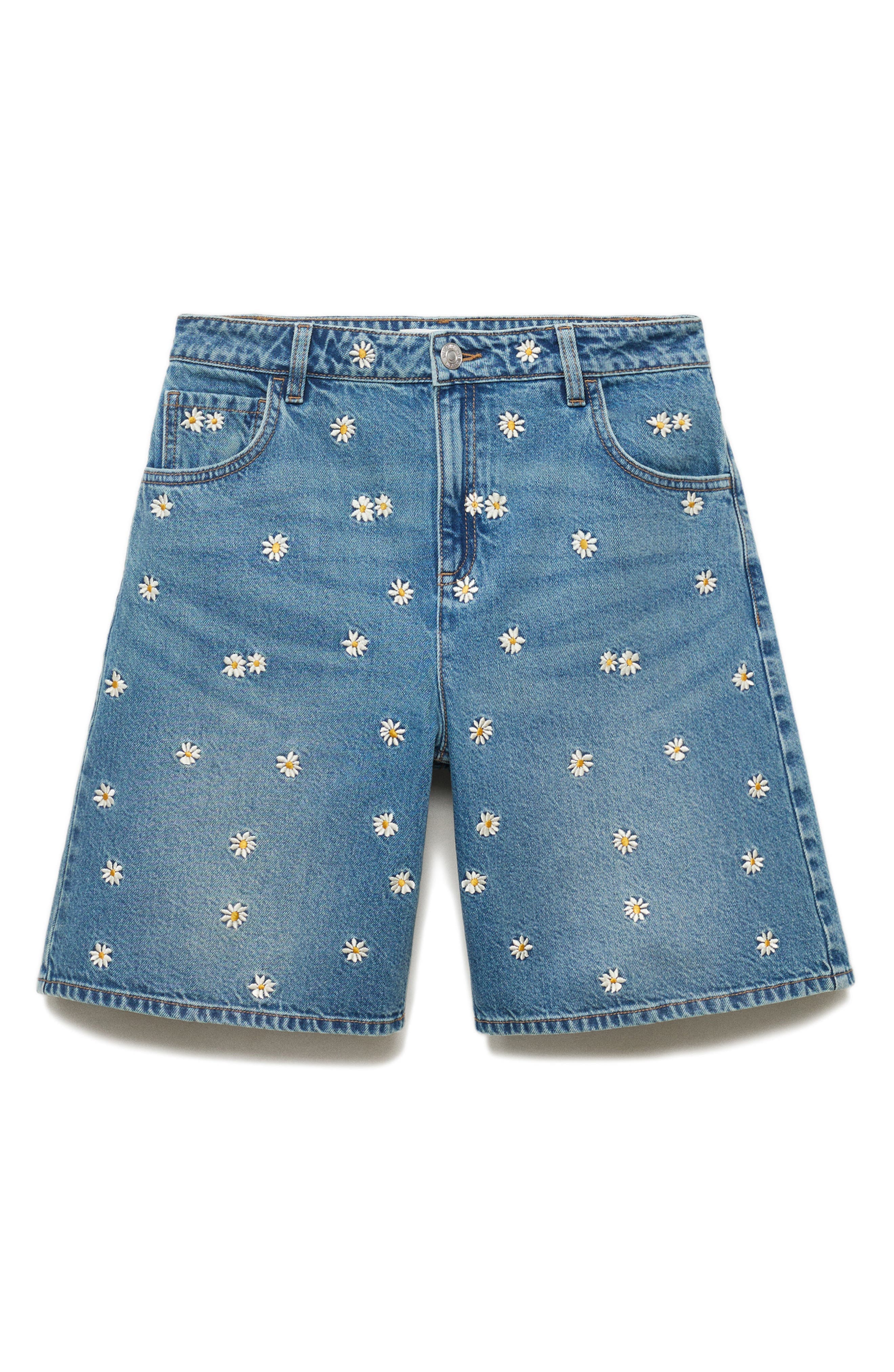 Floral Embroidered High Waist Denim Bermuda Shorts - image 1