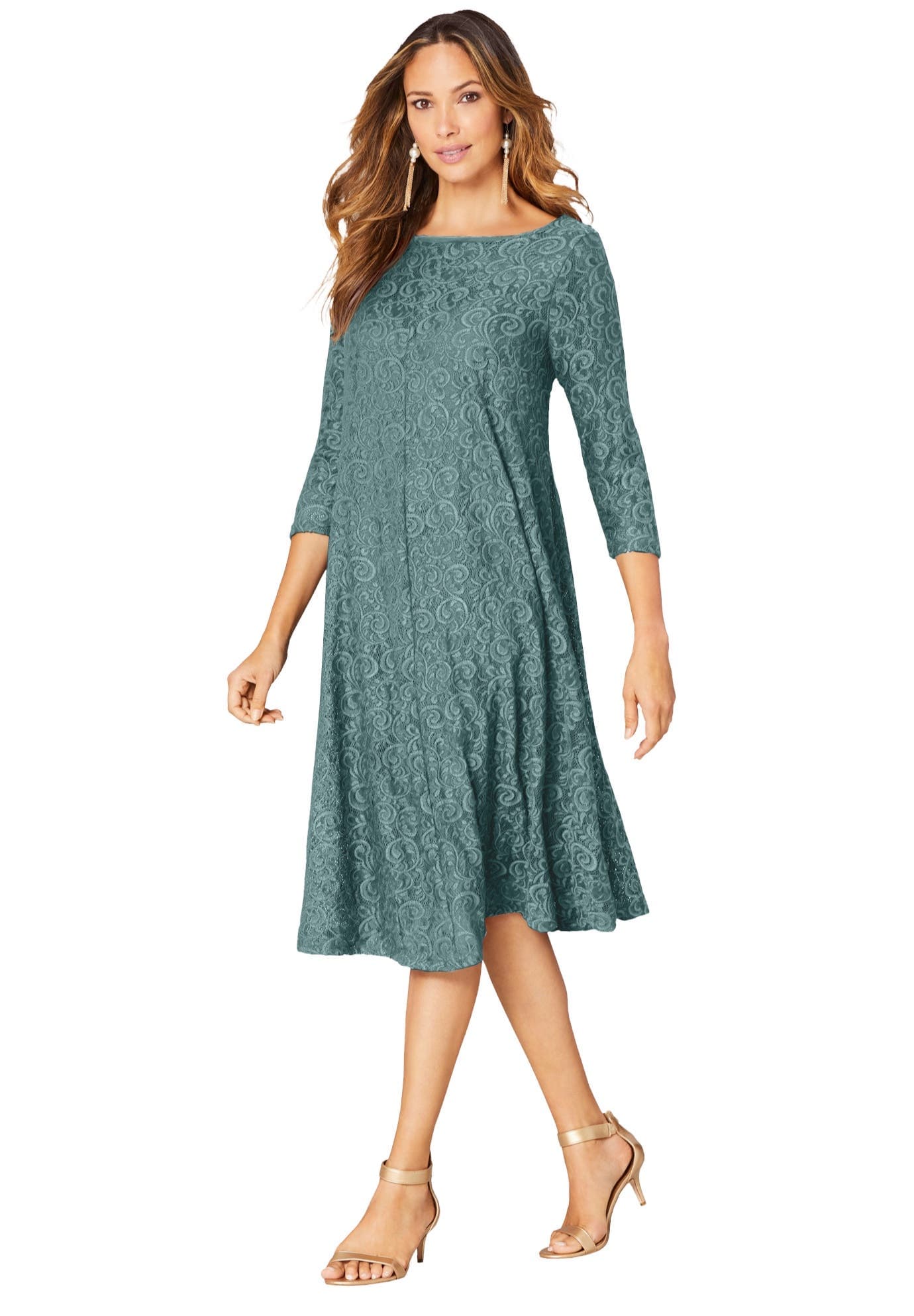 Plus-Size 3/4 Sleeve Boatneck Lace Swing Dress - image 5