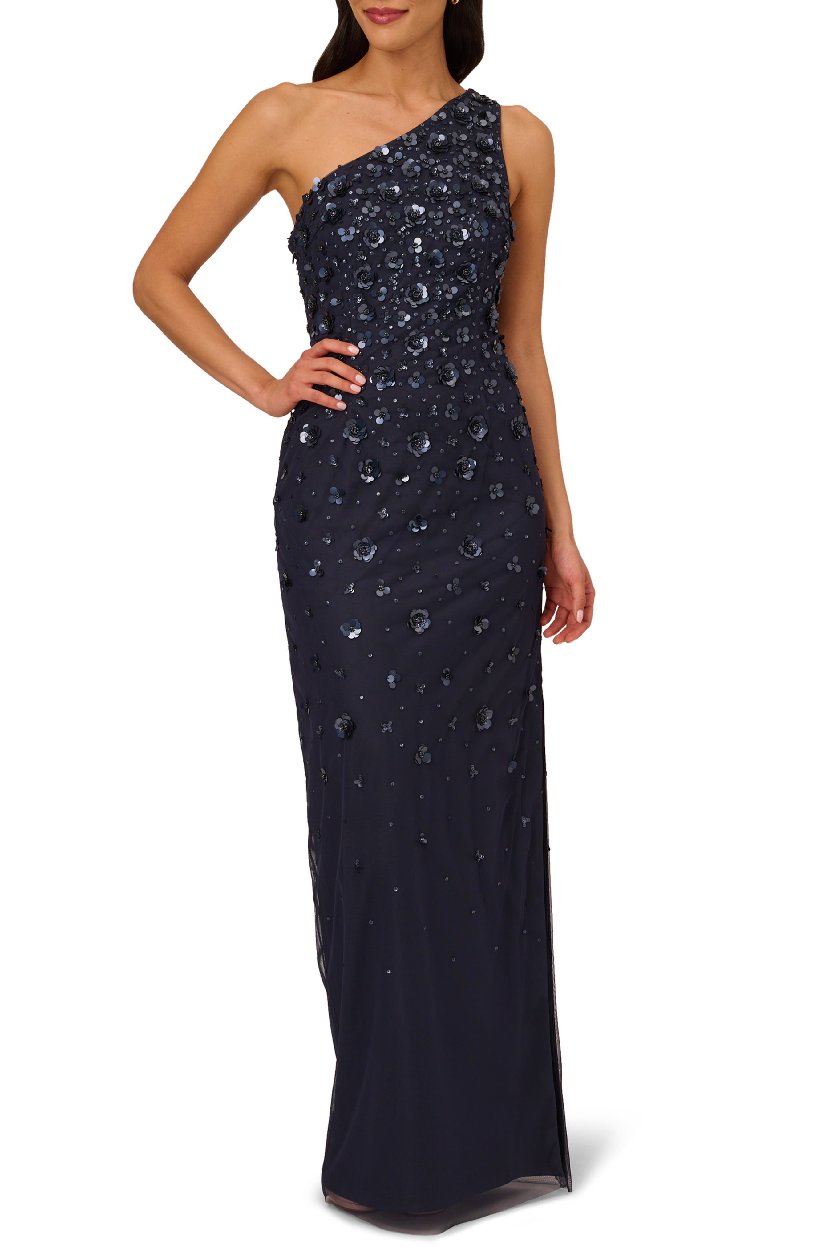 3D Beaded & Sequin One-Shoulder Gown - image 1