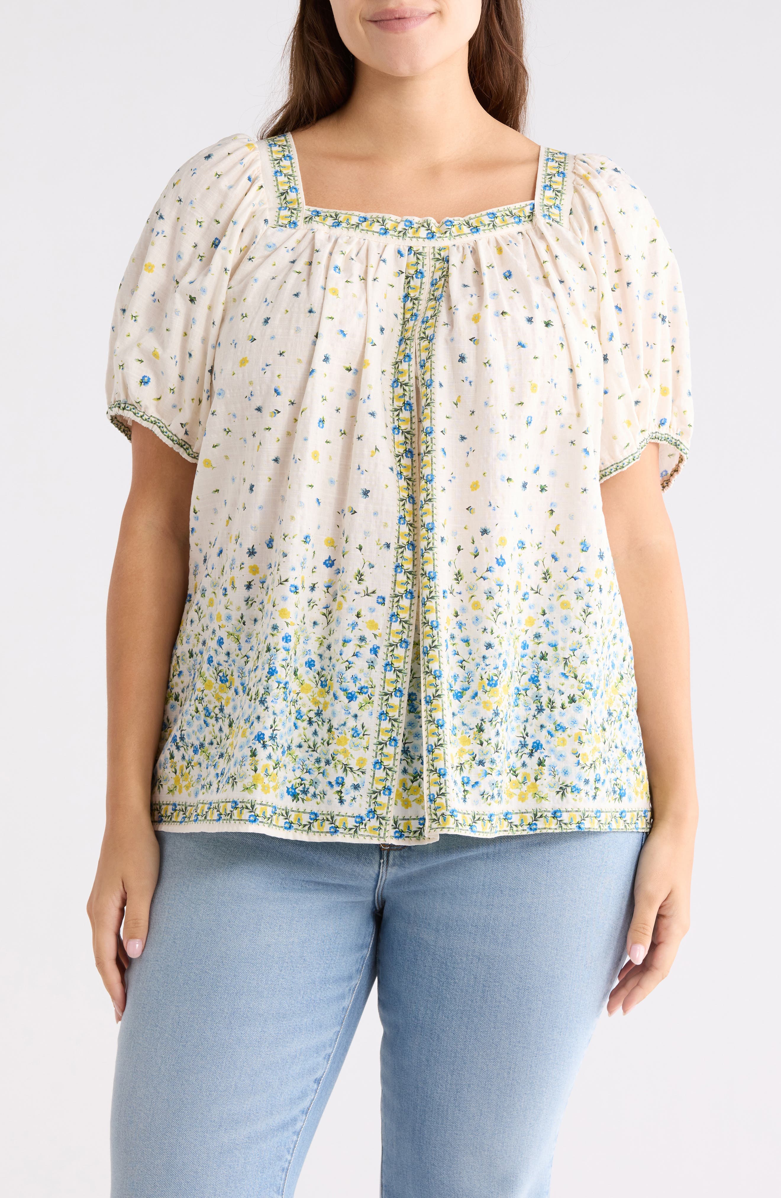 Square Neck Puff Sleeve Cotton Blend Top - image 1