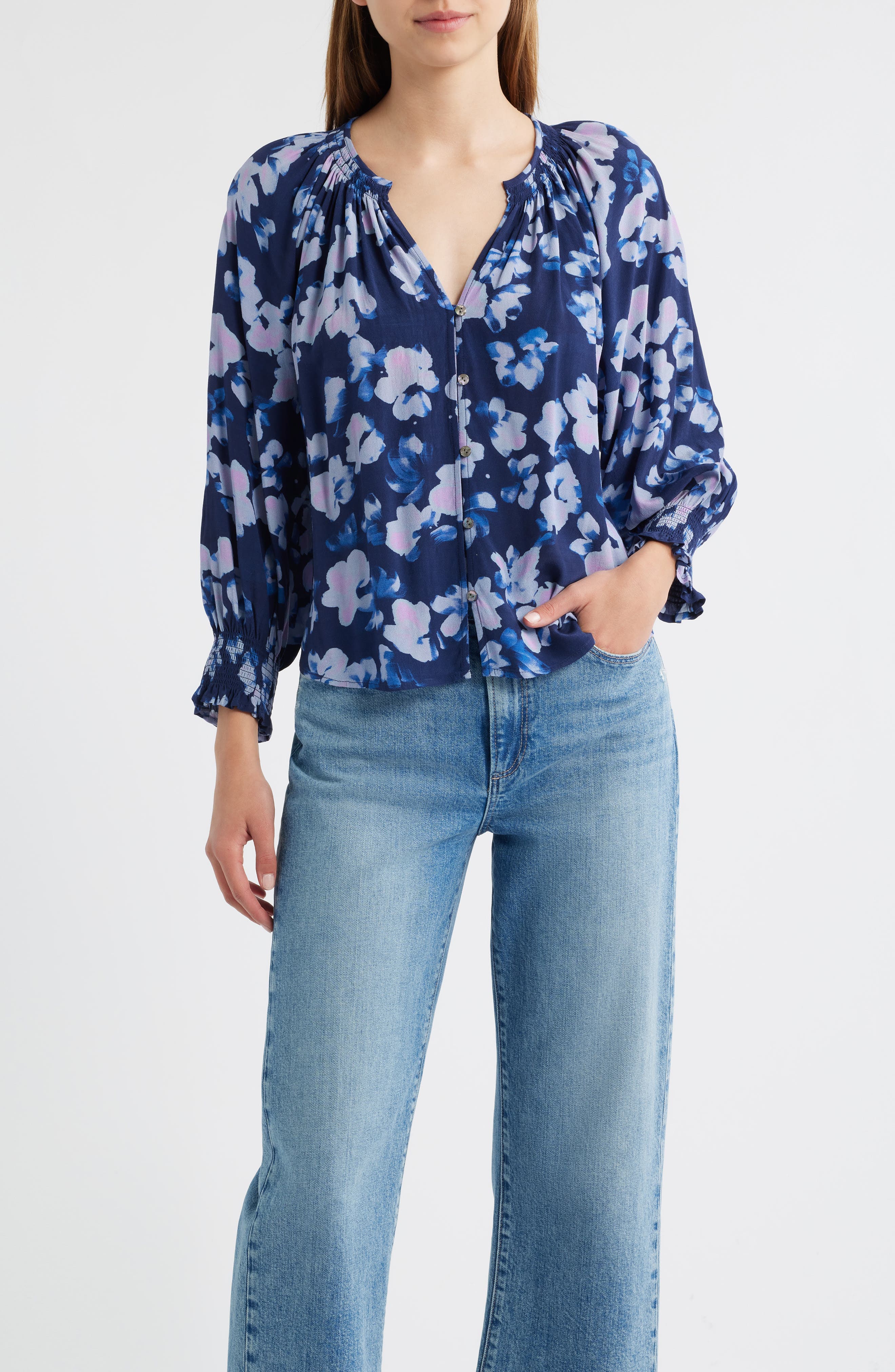 Mariah Floral Smocked Button-Up Peasant Top - image 1