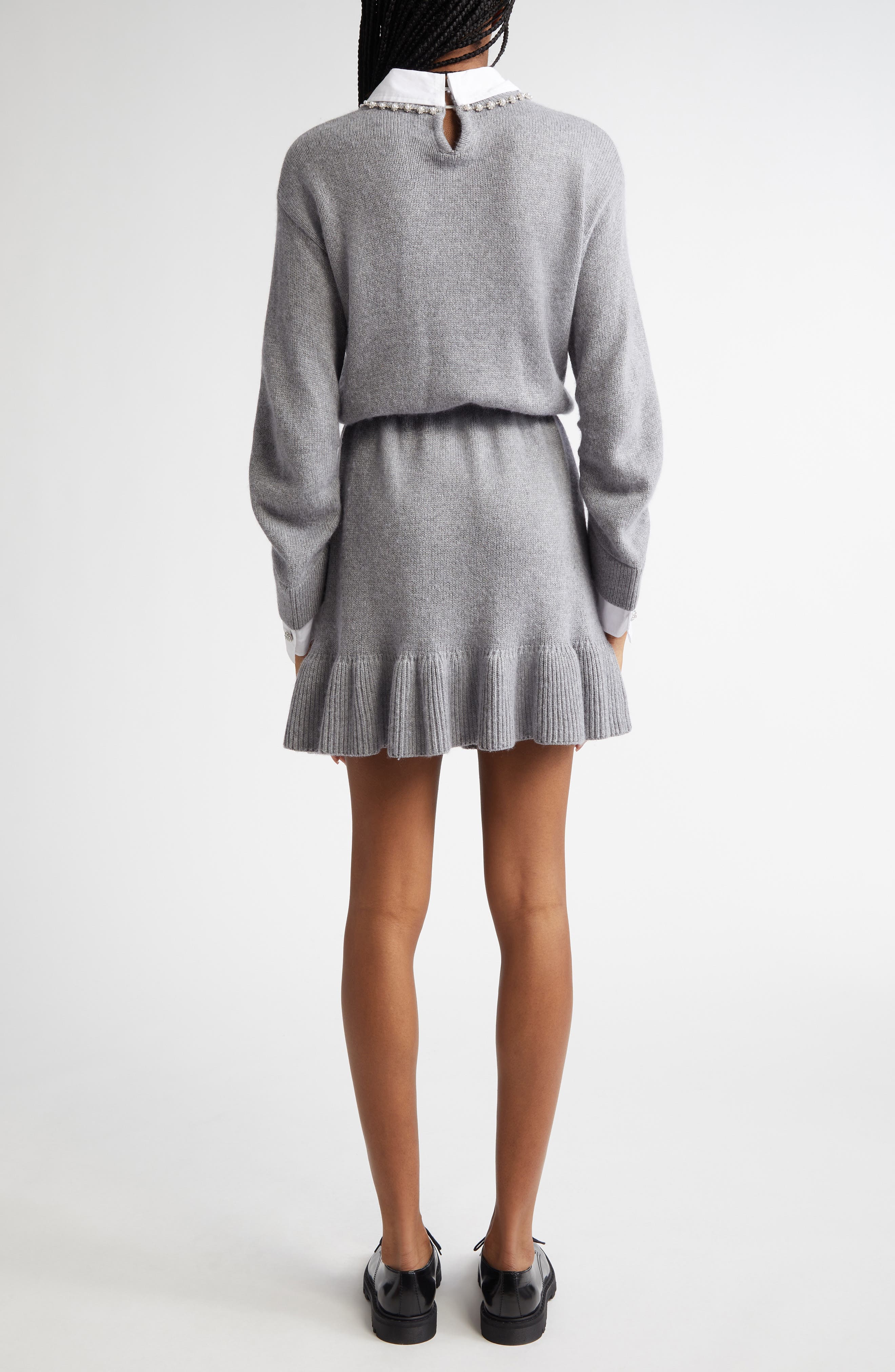 Imitation Pearl Necklace Detail Long Sleeve Layered Sweater Dress - image 2