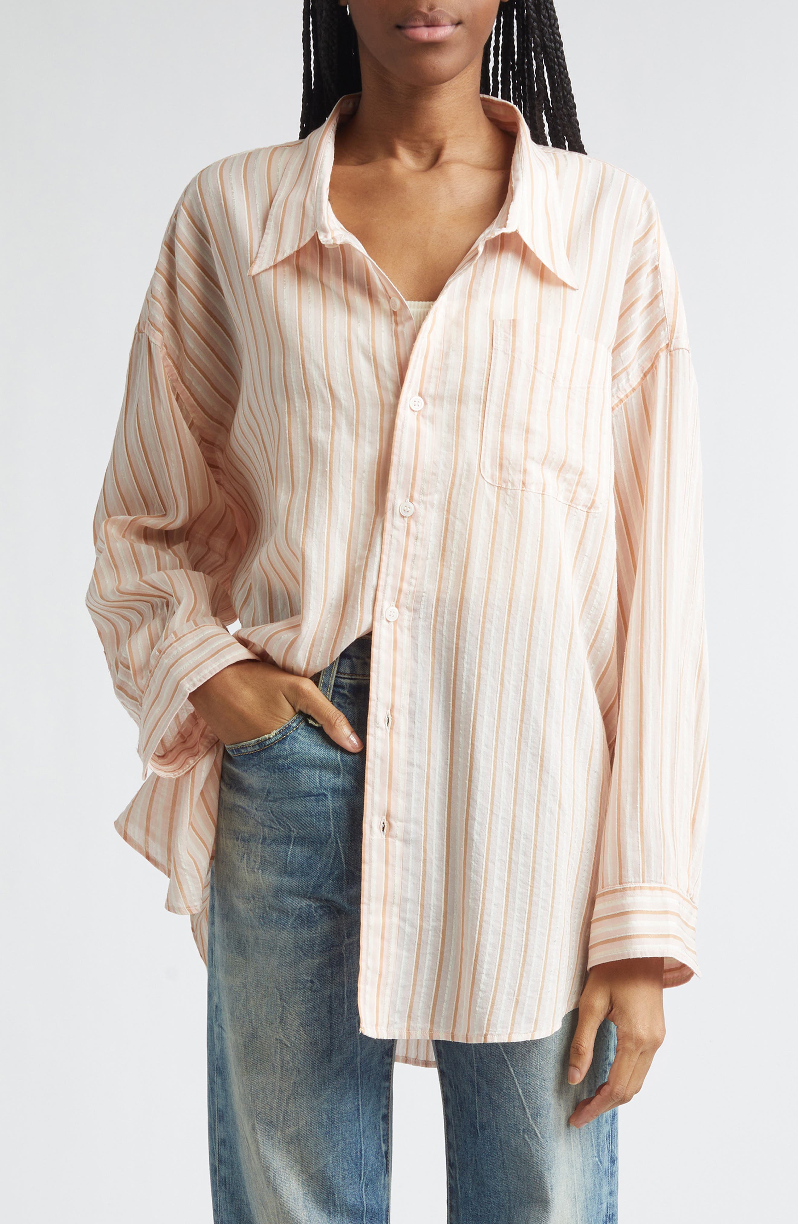 Drop Neck Stripe Cotton & Silk Blend Button-Up Shirt - image 1