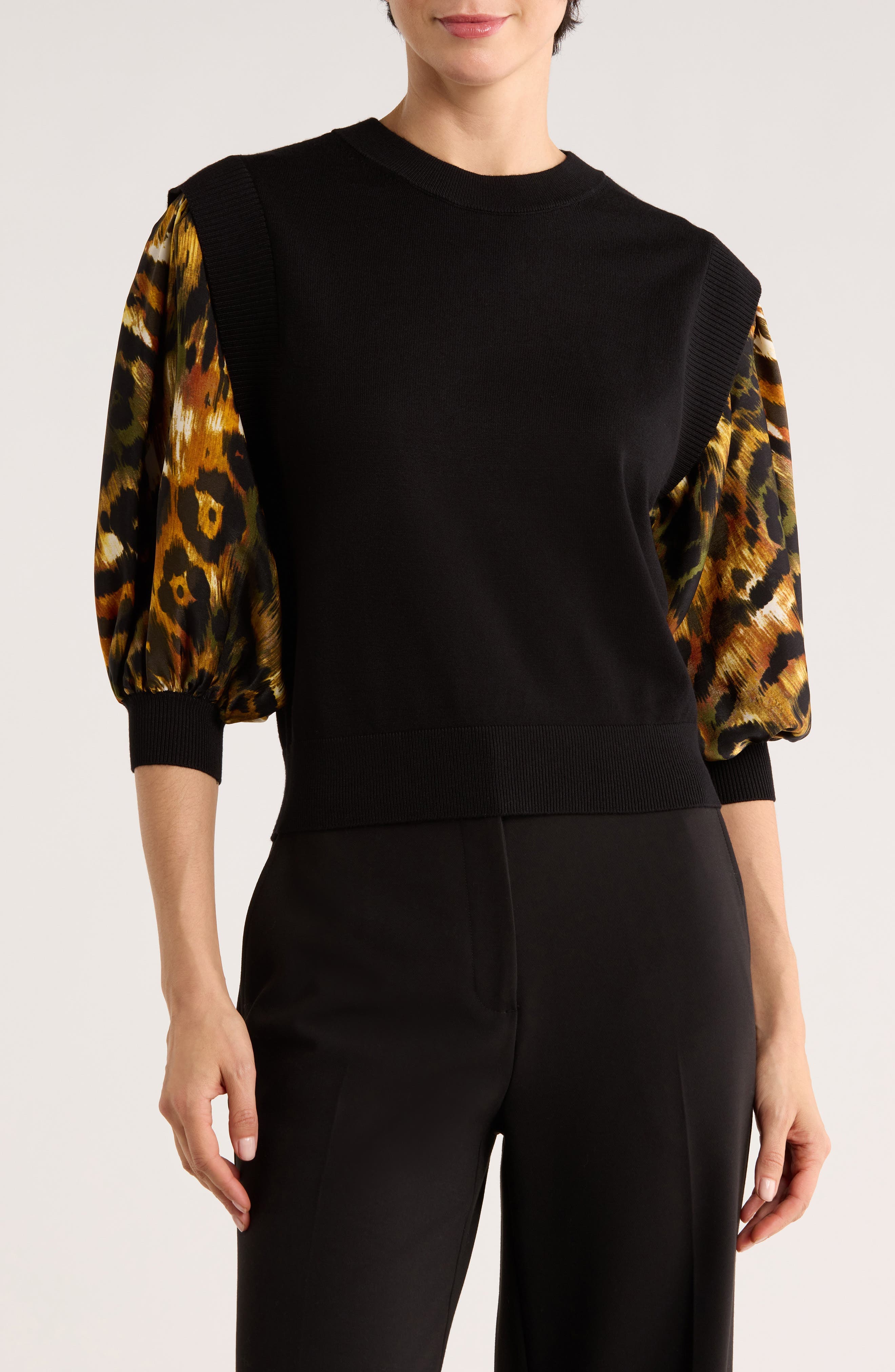 Print Sleeve Mixed Media Sweater - image 3