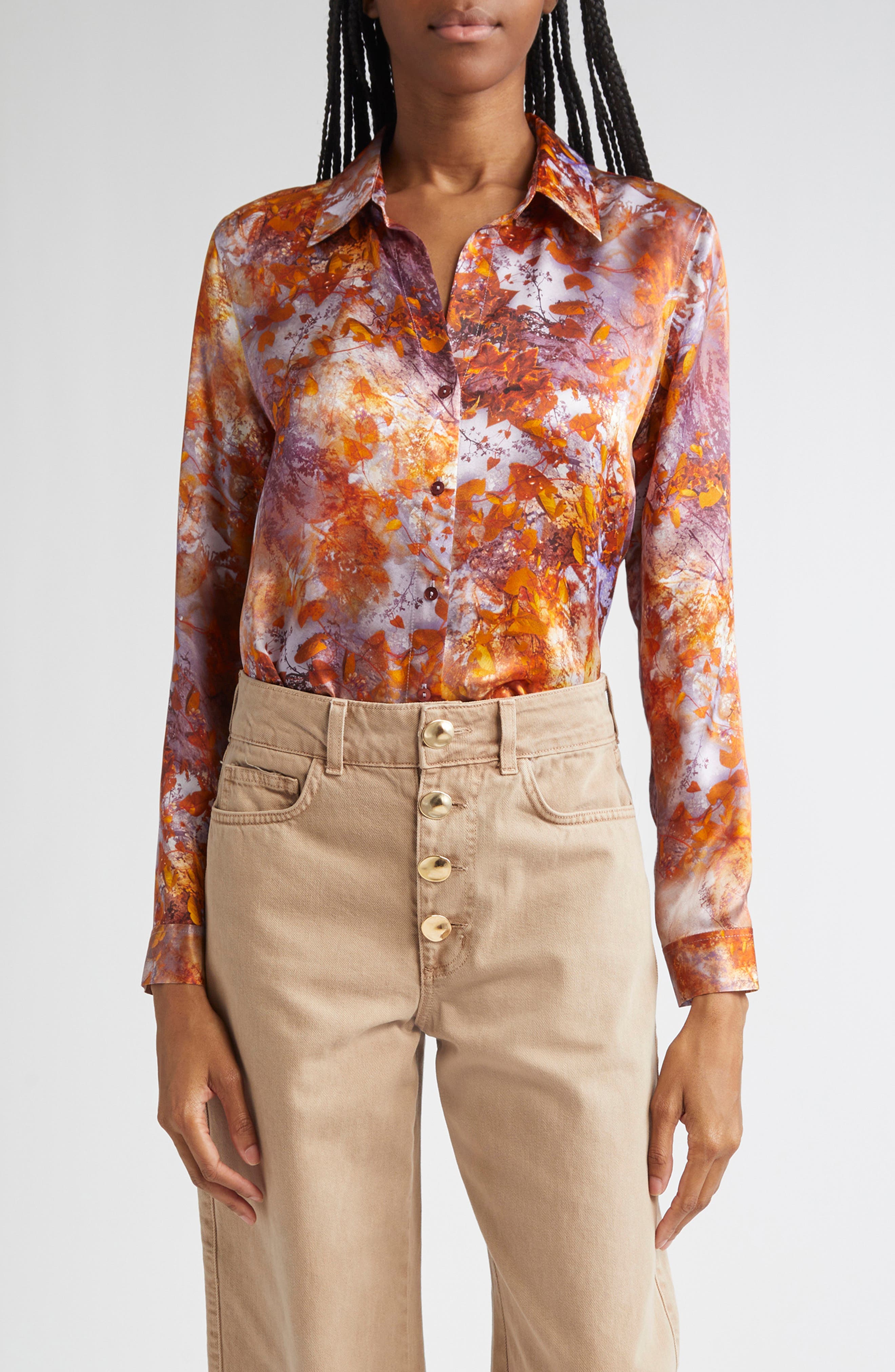 Tyler Leaf Print Silk Button-Up Shirt - image 1