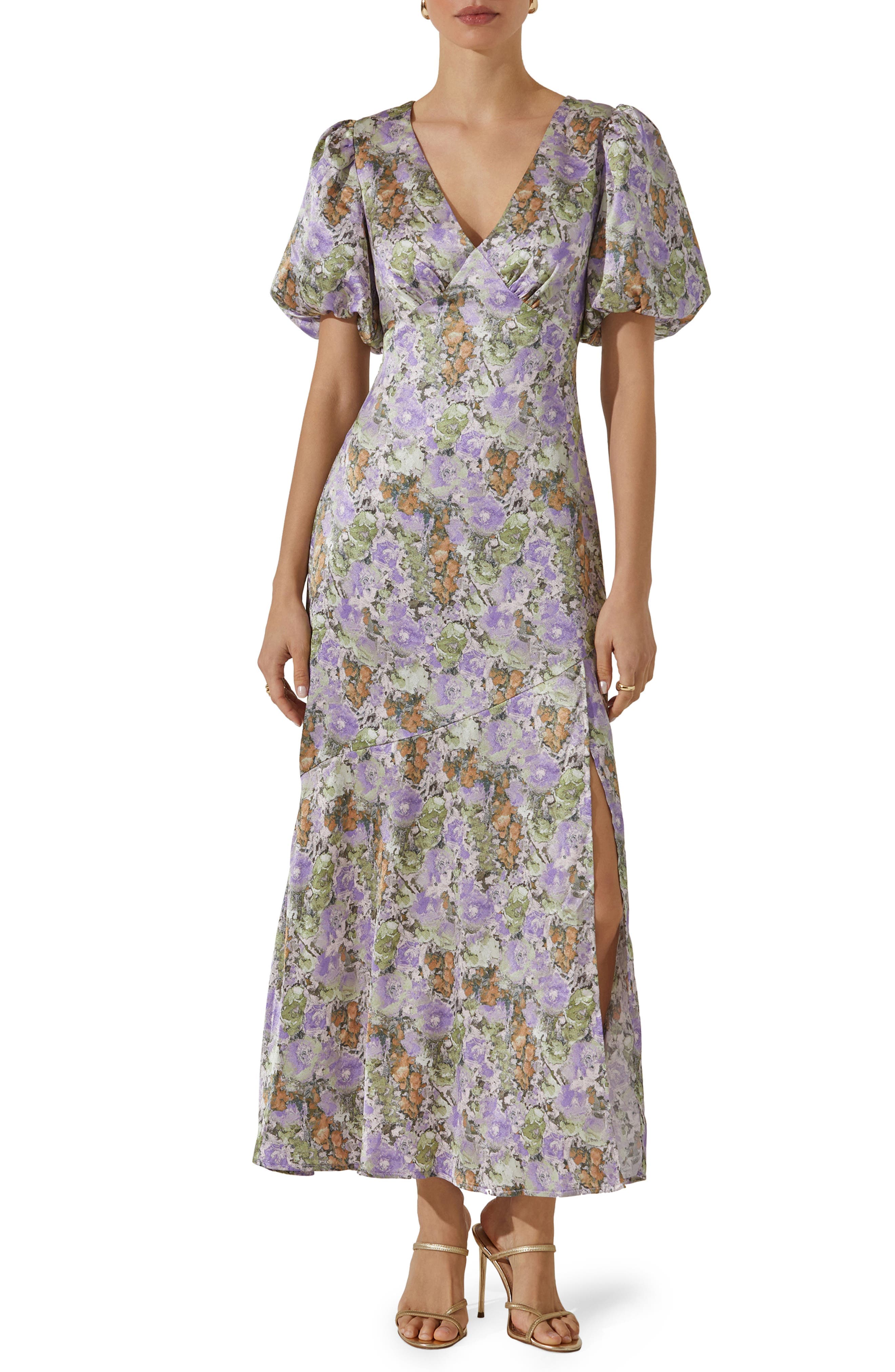 Floral Puff Sleeve Satin Maxi Dress - image 1