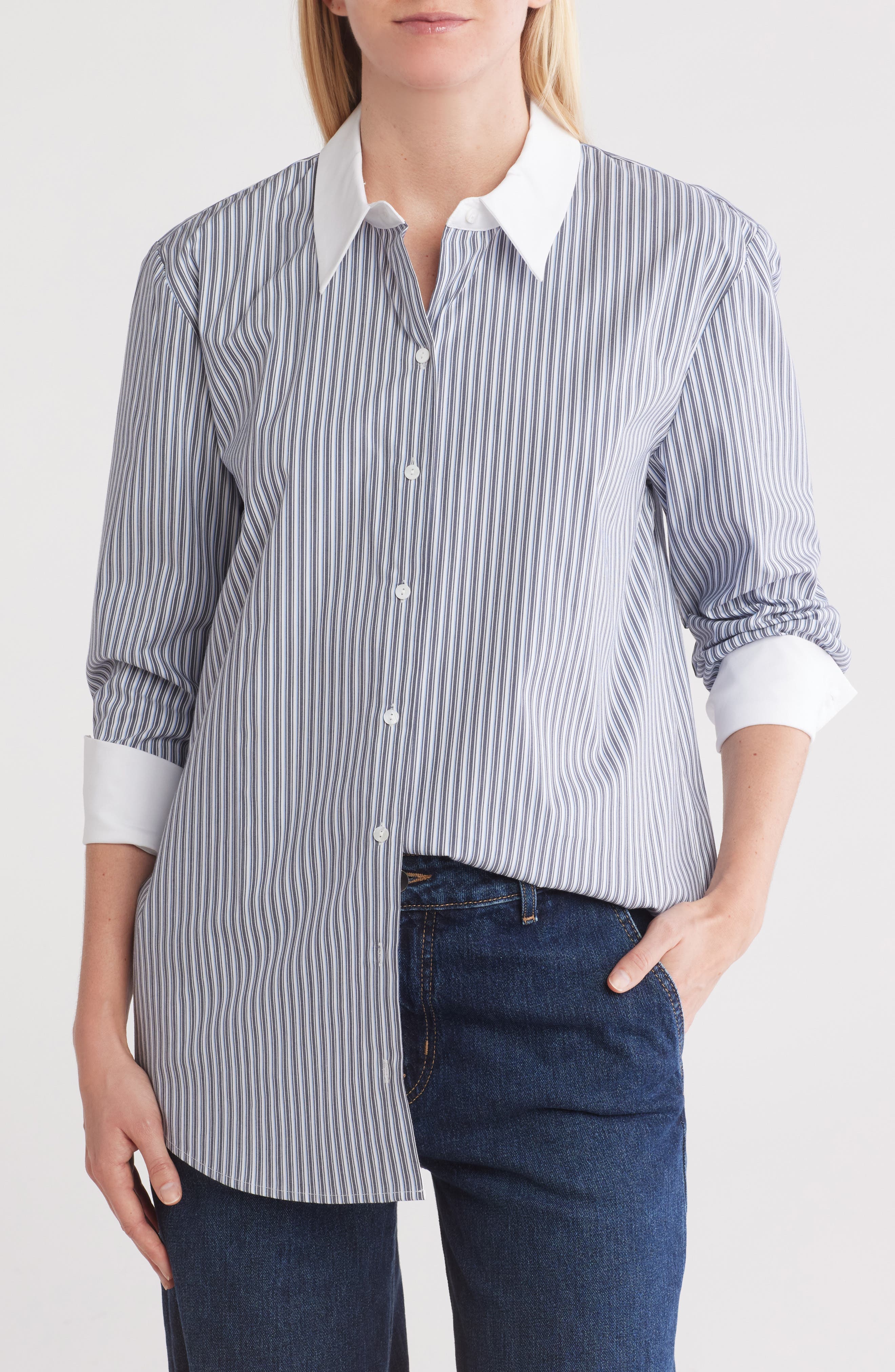 Malia Stripe Contrast Collar Button-Up Tunic Shirt - image 1