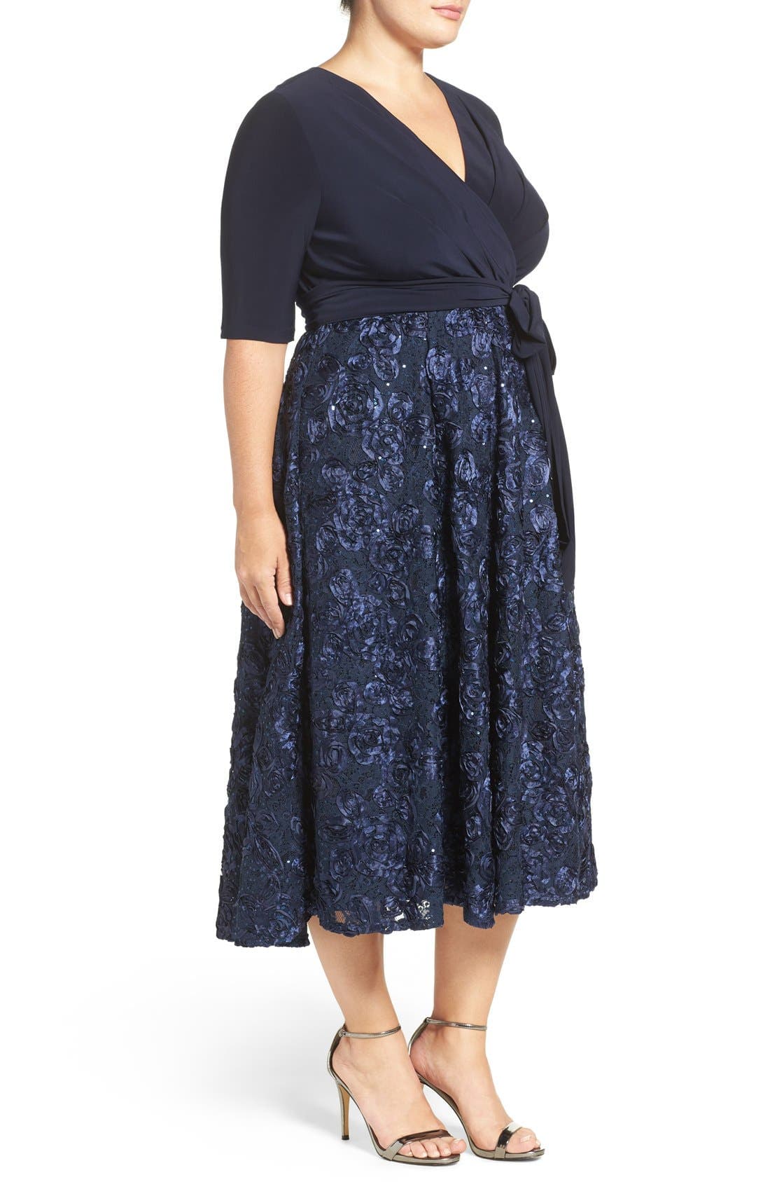 Tea Length Jersey & Rosette Lace Dress - image 2