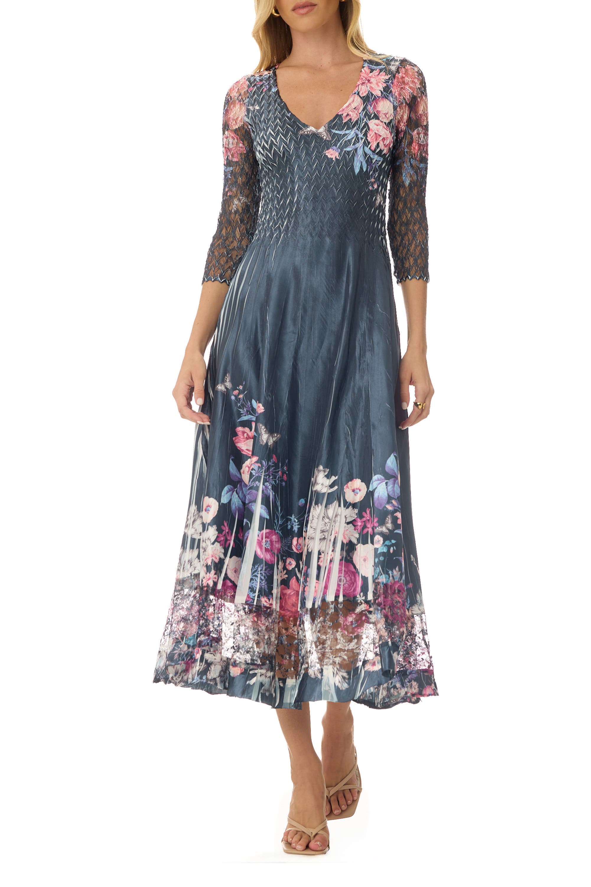 Floral Charmuese Dress with Lace Sleeves - image 1