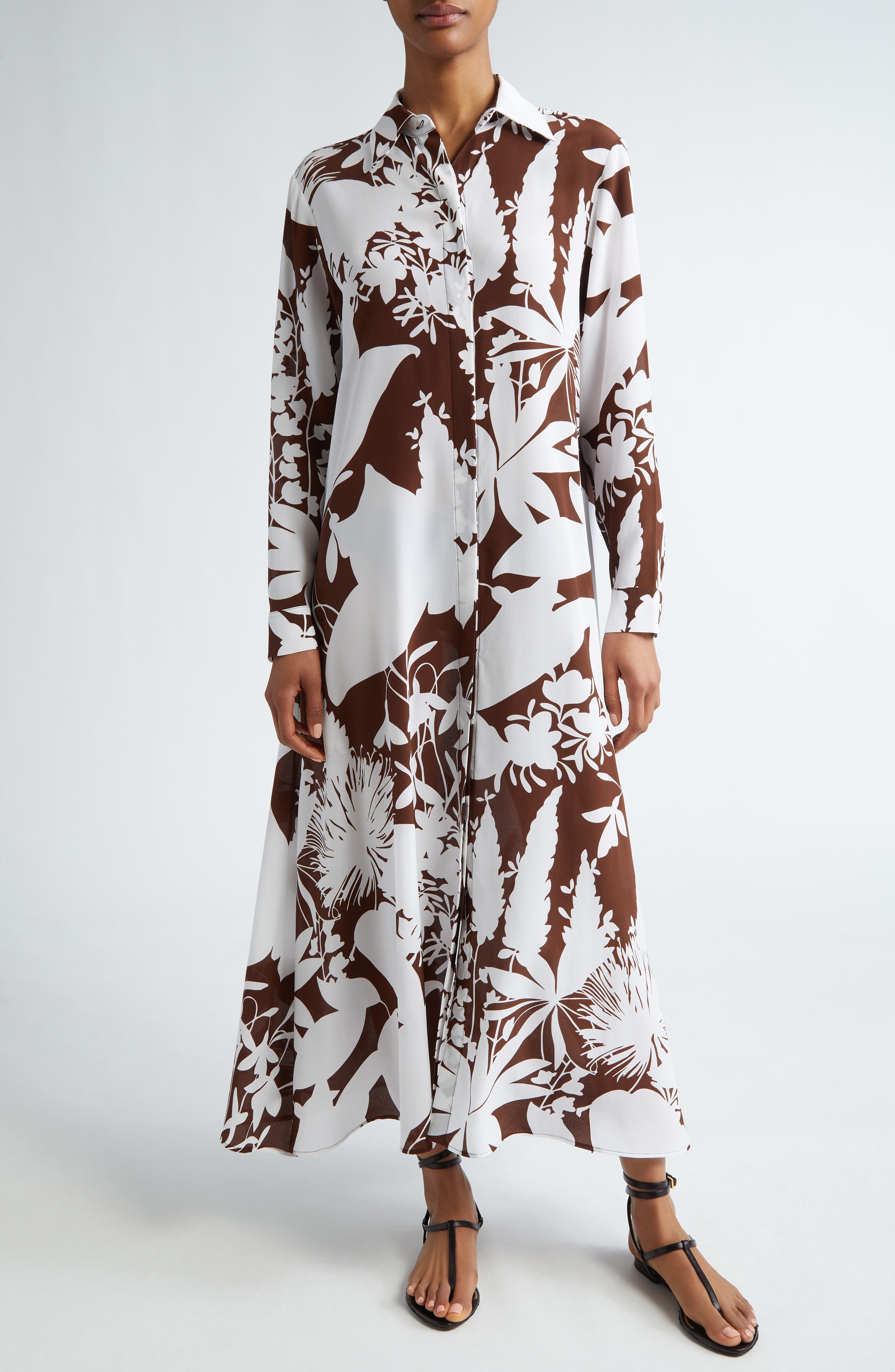 Shadow Floral Print Long Sleeve Silk Crepe de Chine Shirtdress