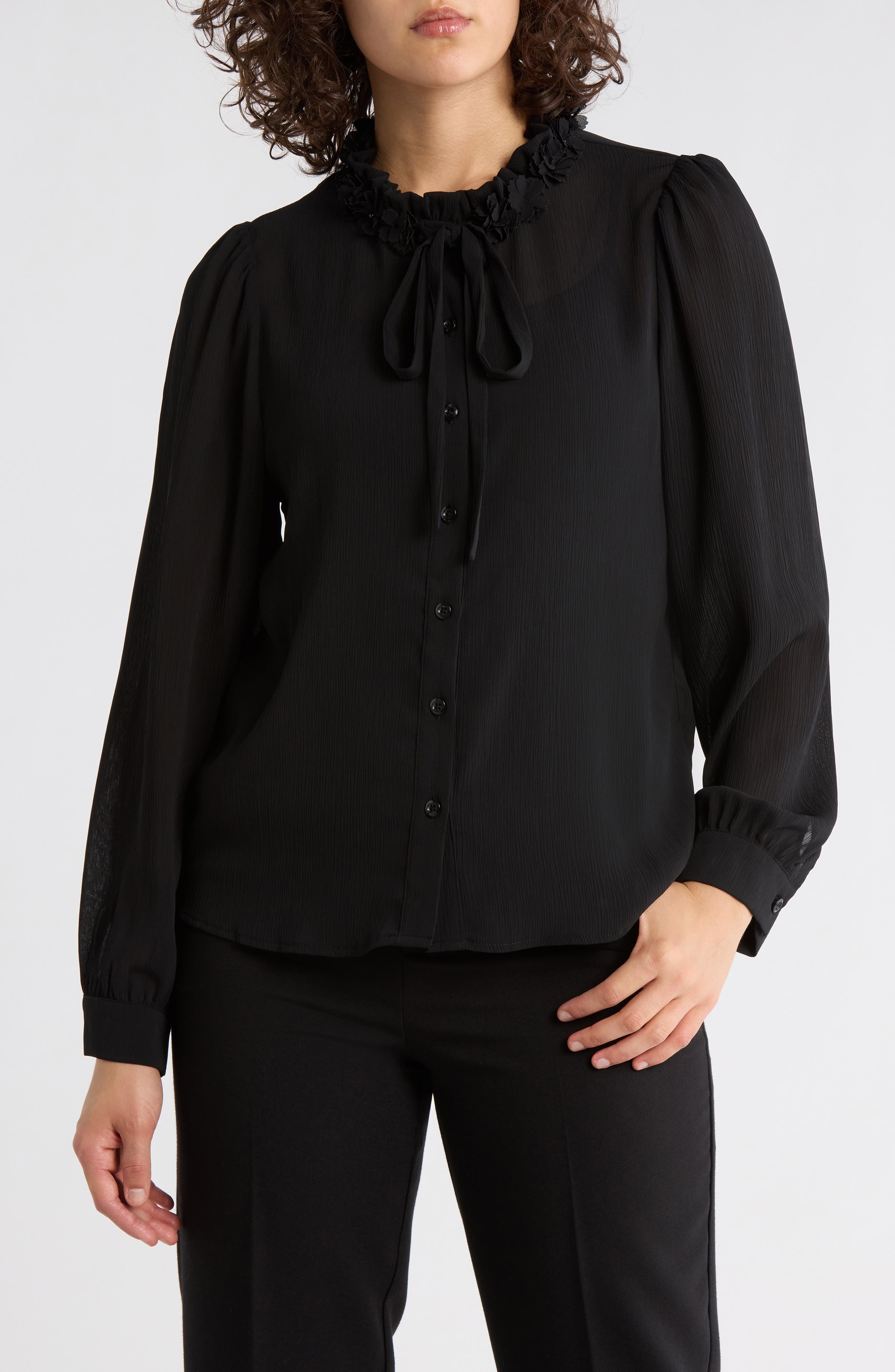 Flower Tie Neck Button-Up Shirt - image 1