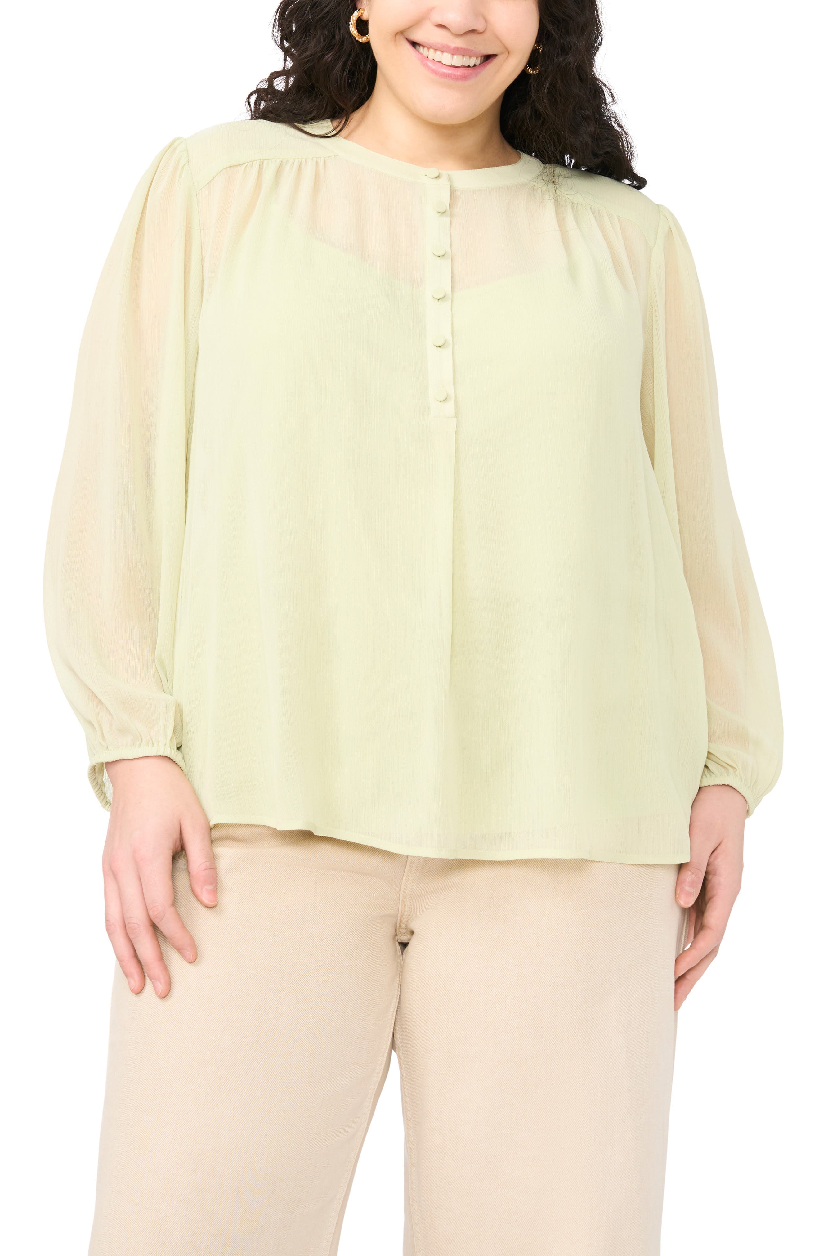 Shirred Yoke Crinkle Chiffon Top - image 1