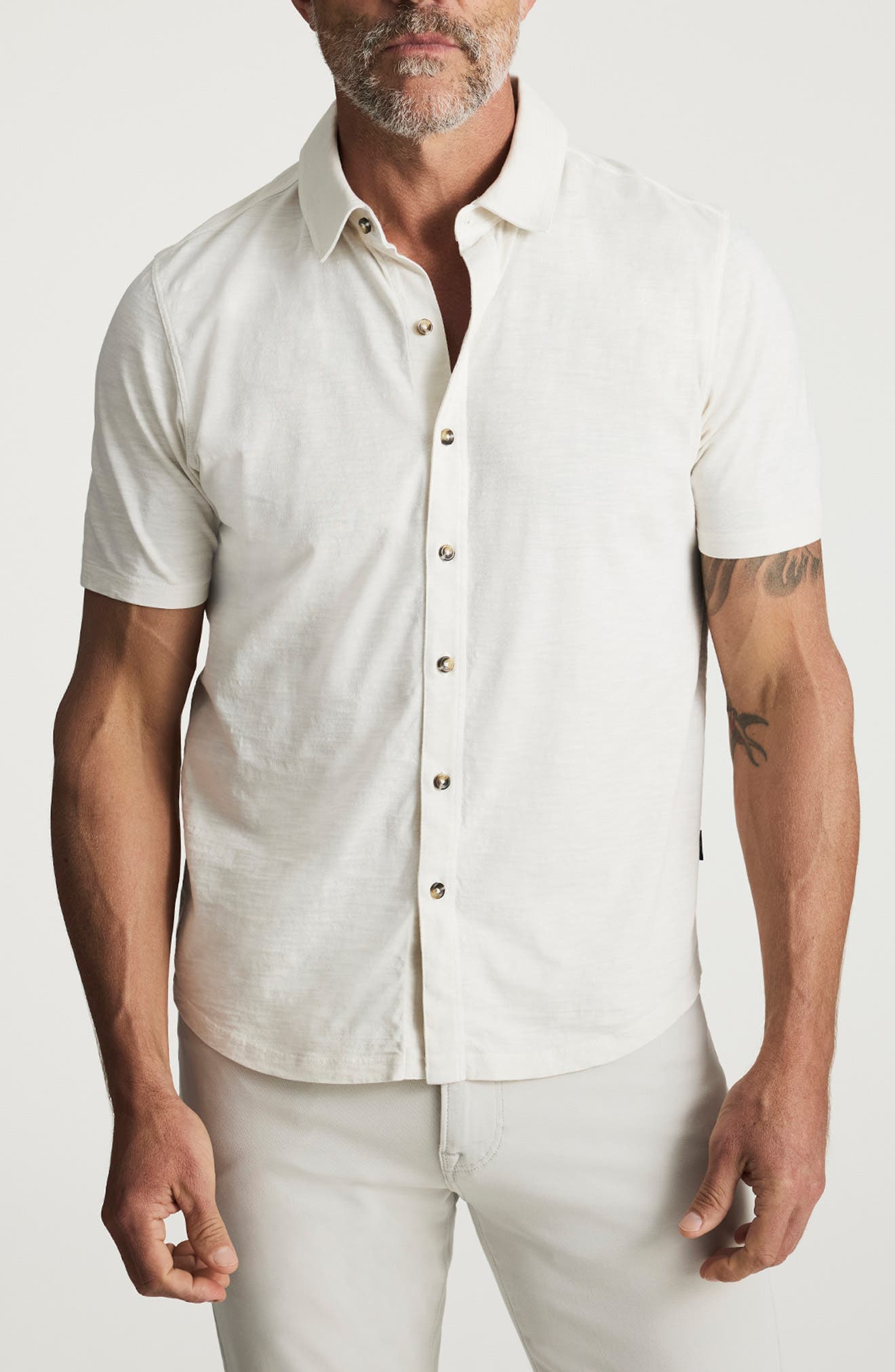 Short Sleeve Slub Cotton Jersey Button-Up Shirt - image 1