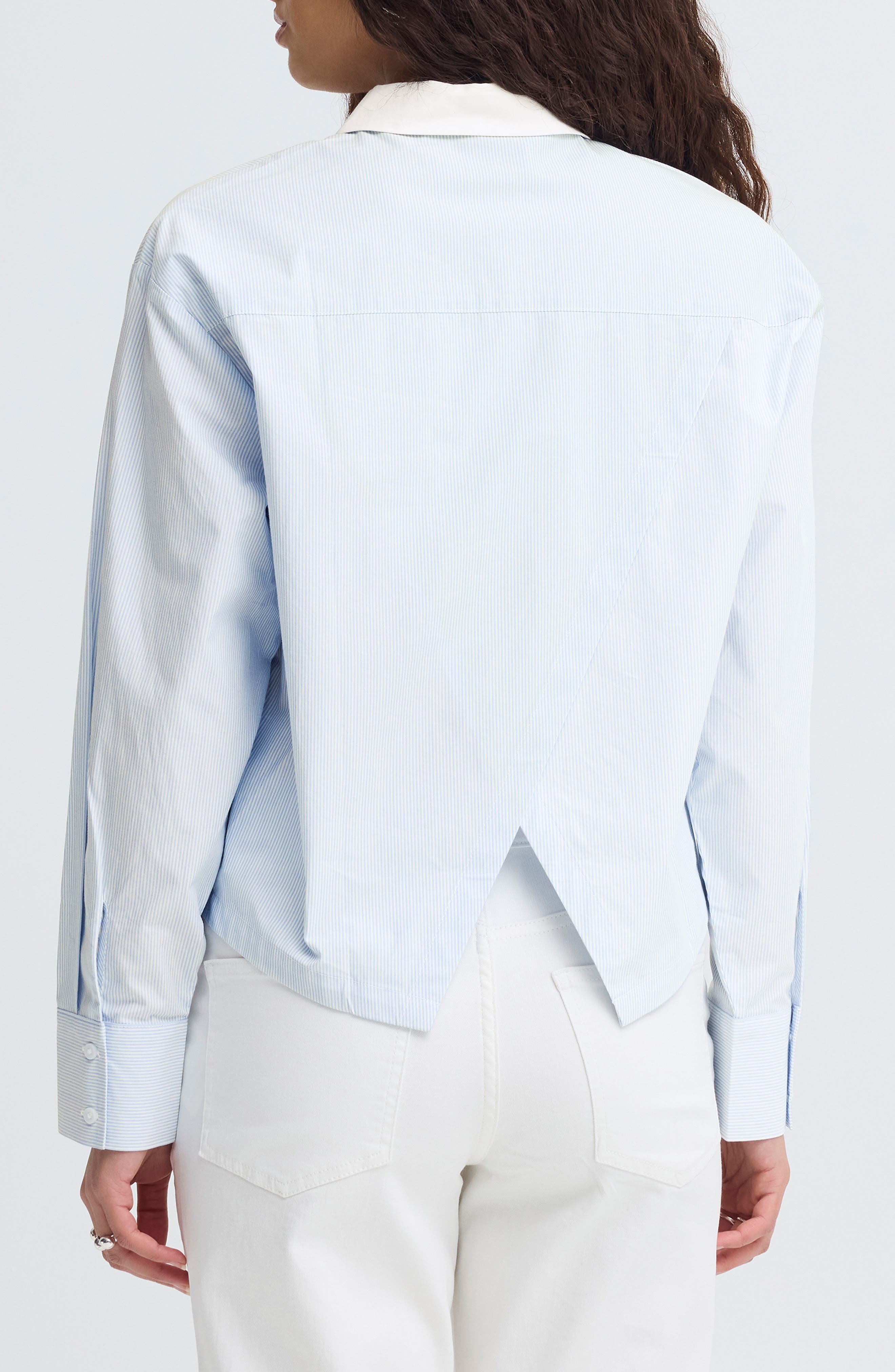 Stripe Split Hem Crop Cotton Button-Up Shirt - image 2