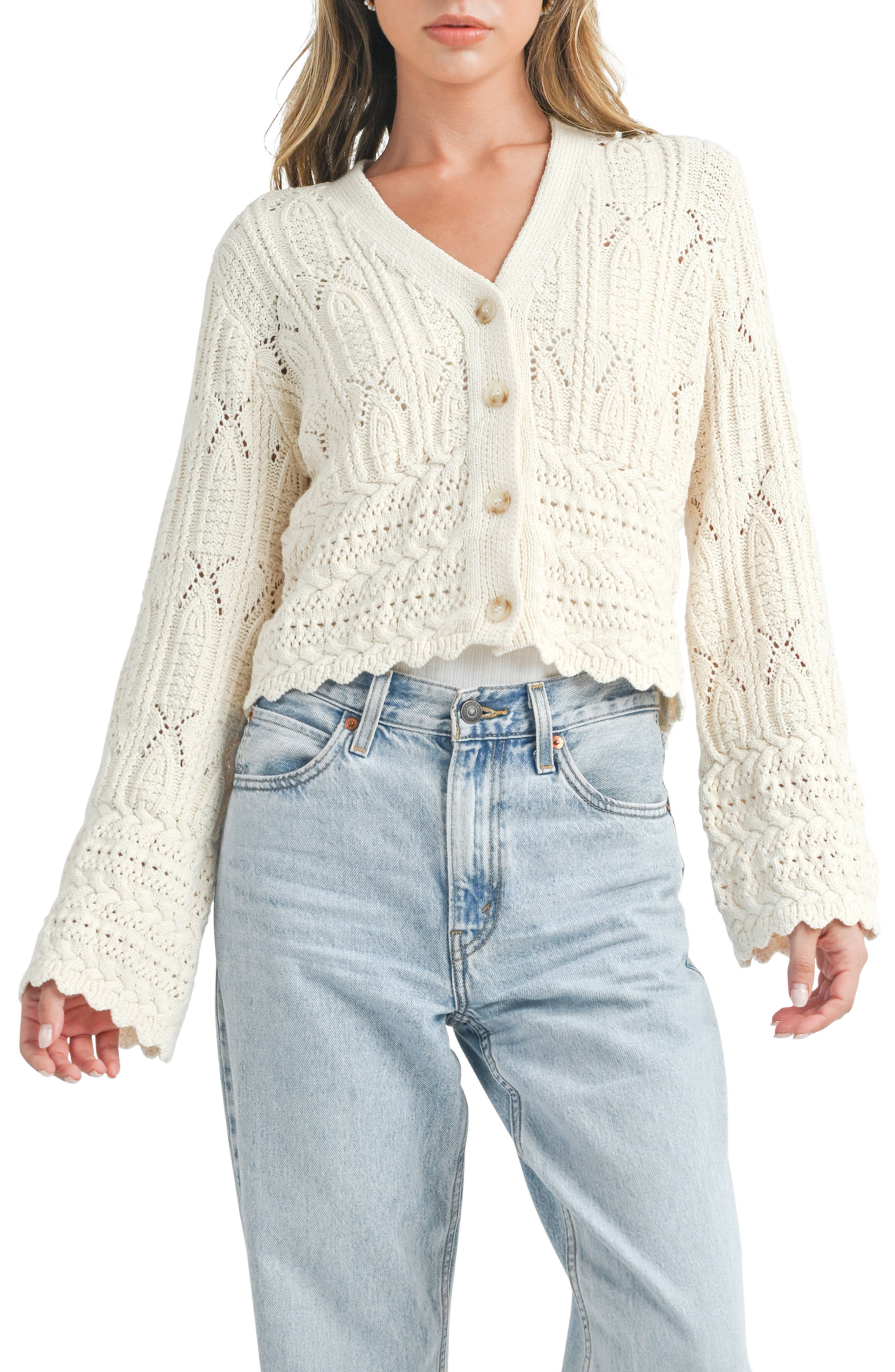 Mixed Stitch Scallop Hem Cotton Cardigan - image 1