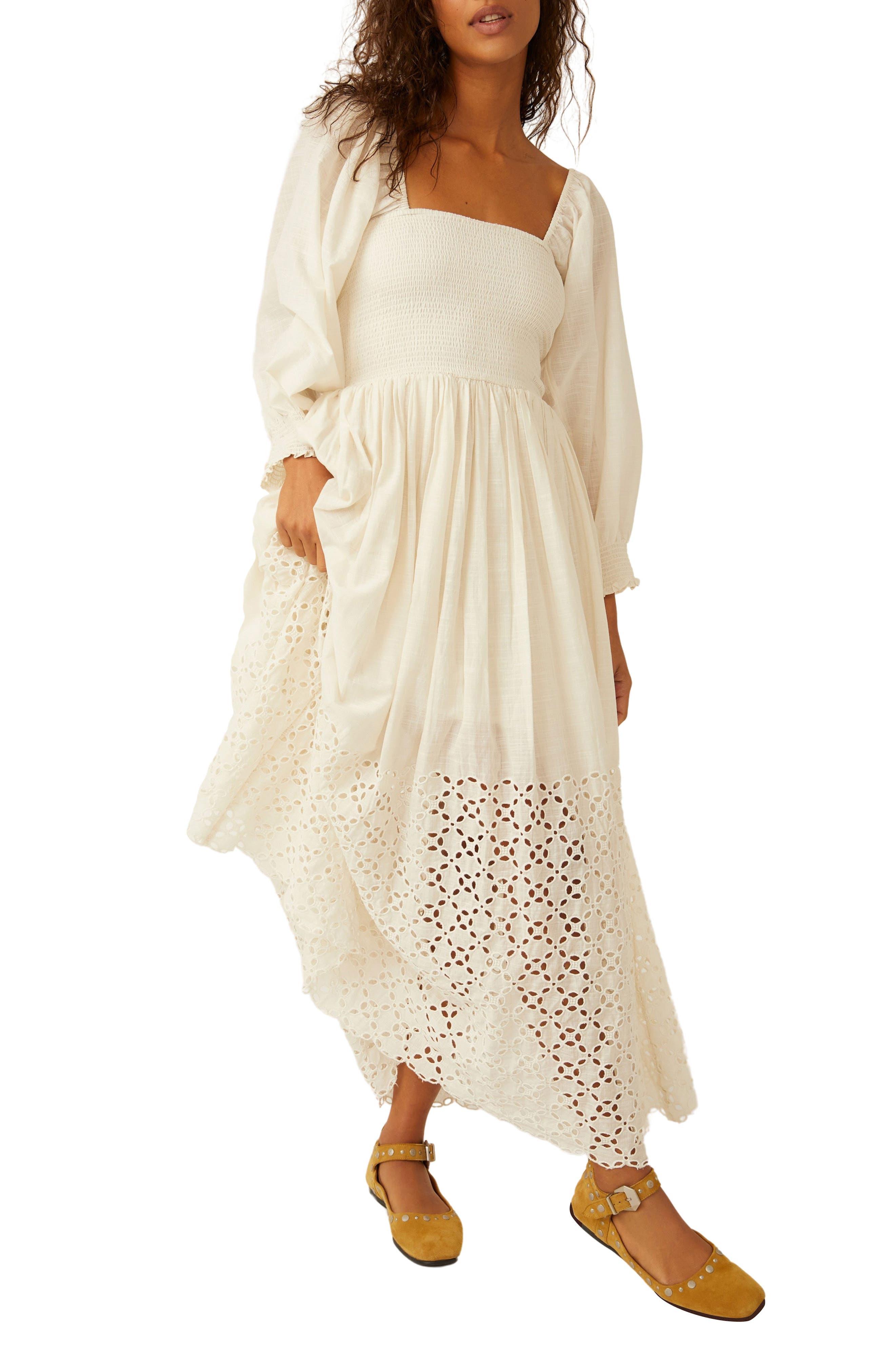 Perfect Storm Smocked Eyelet Long Sleeve Maxi Dress