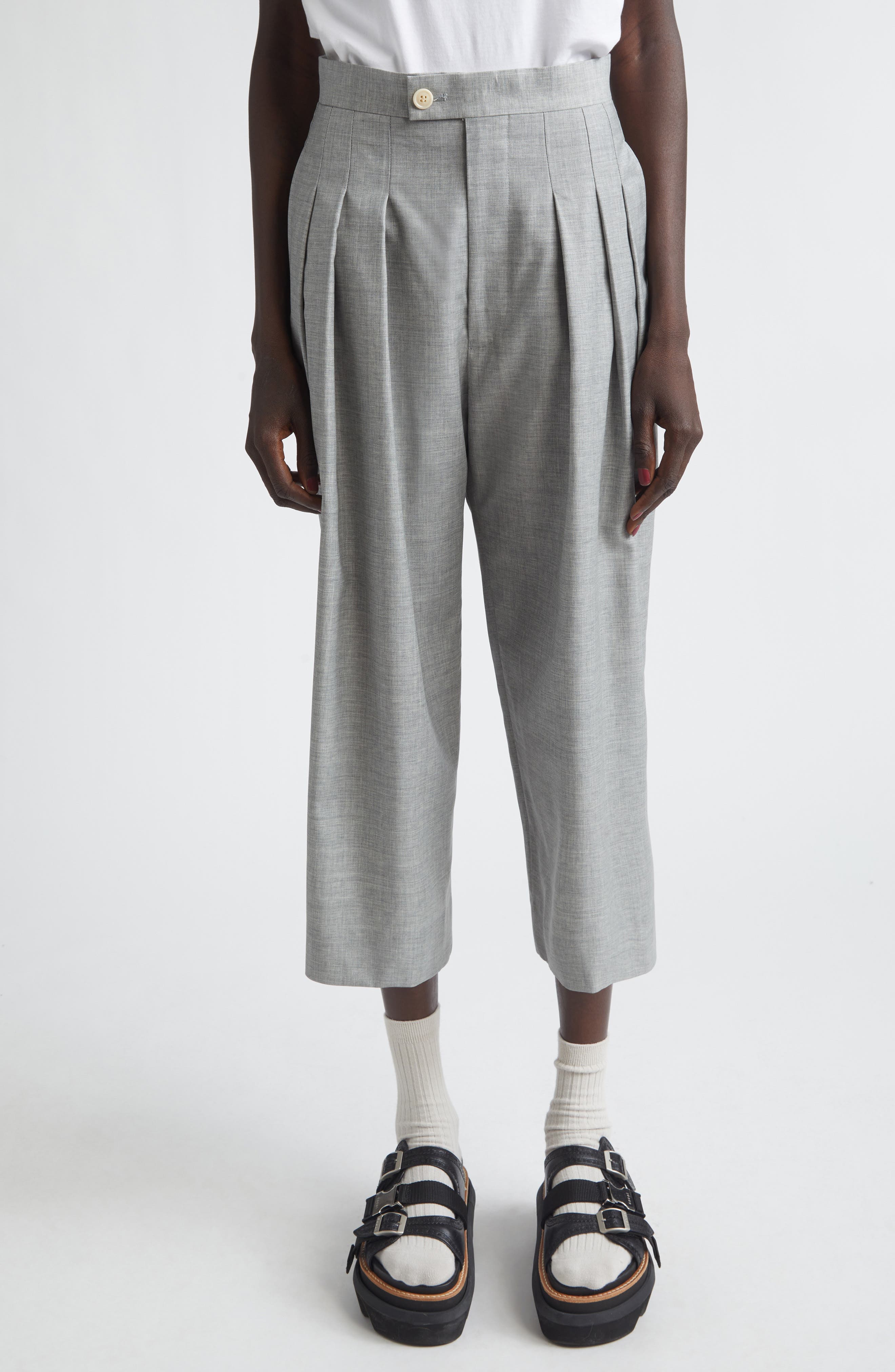 Yarn Dyed Tropical Wool Crop Wide Leg Pants - image 1