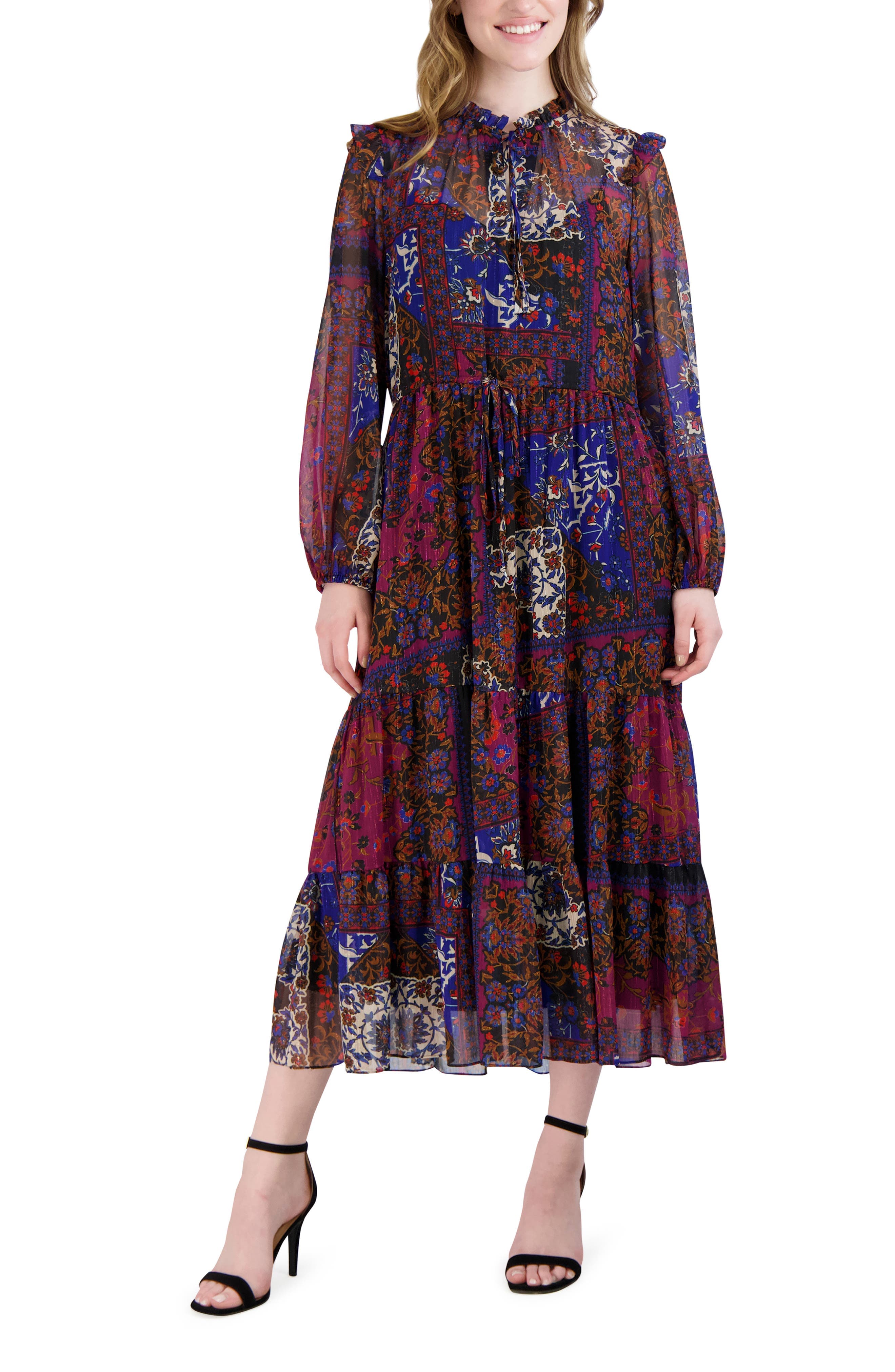 Floral Print Long Sleeve Drawstring Waist Midi Dress - image 1