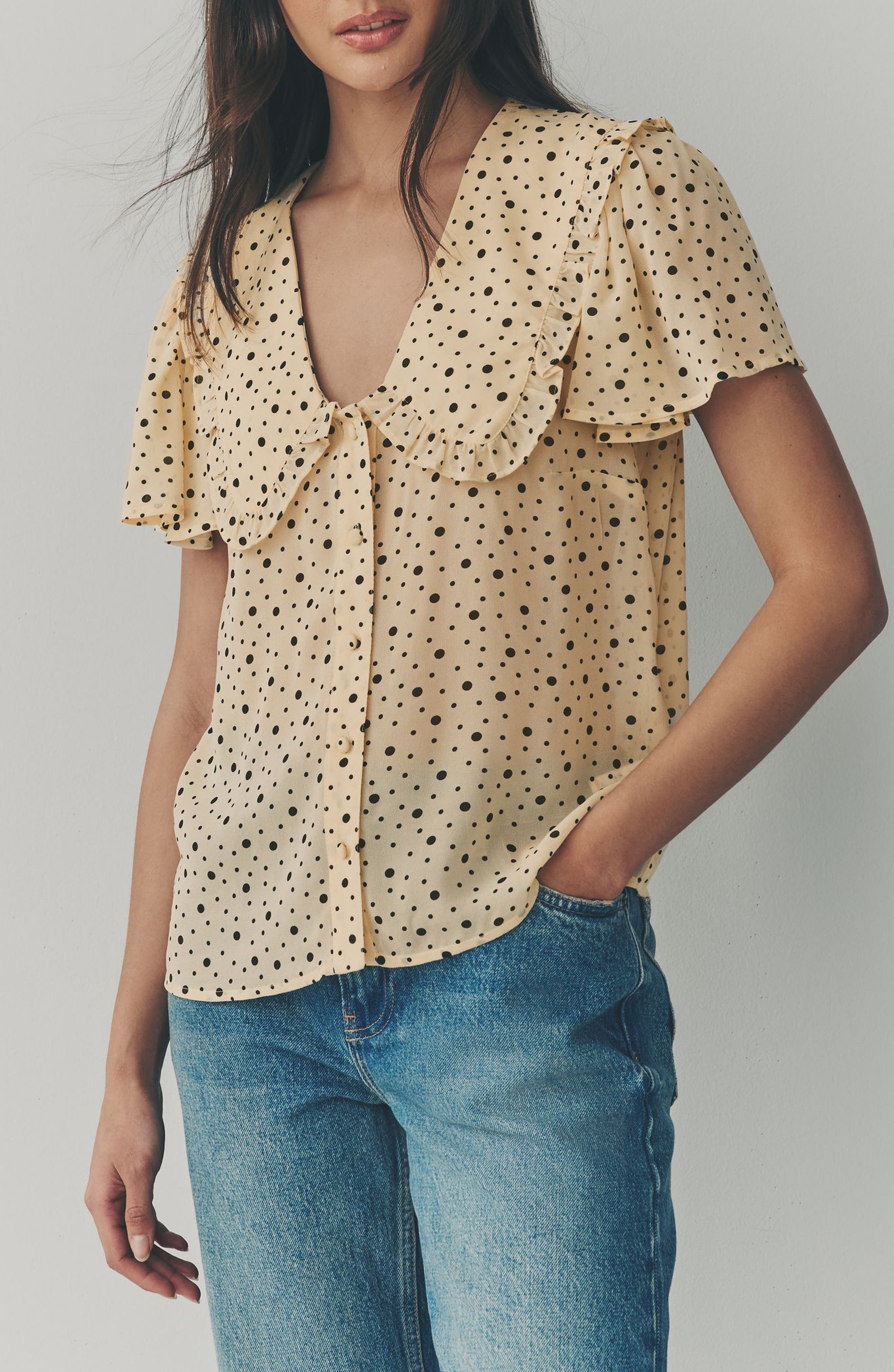 Ditsy Spot Peter Pan Collar Sheer Short Sleeve Blouse - image 1
