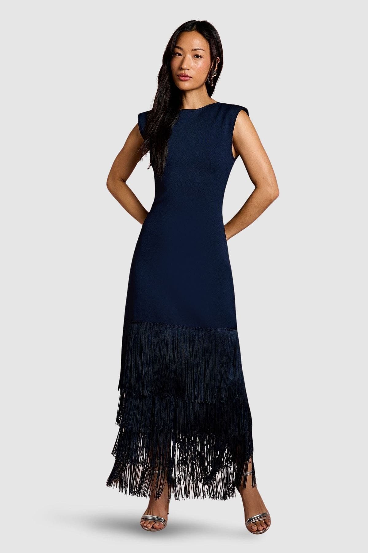 Bandage Knit Fringed Hem Midi Dress - image 1