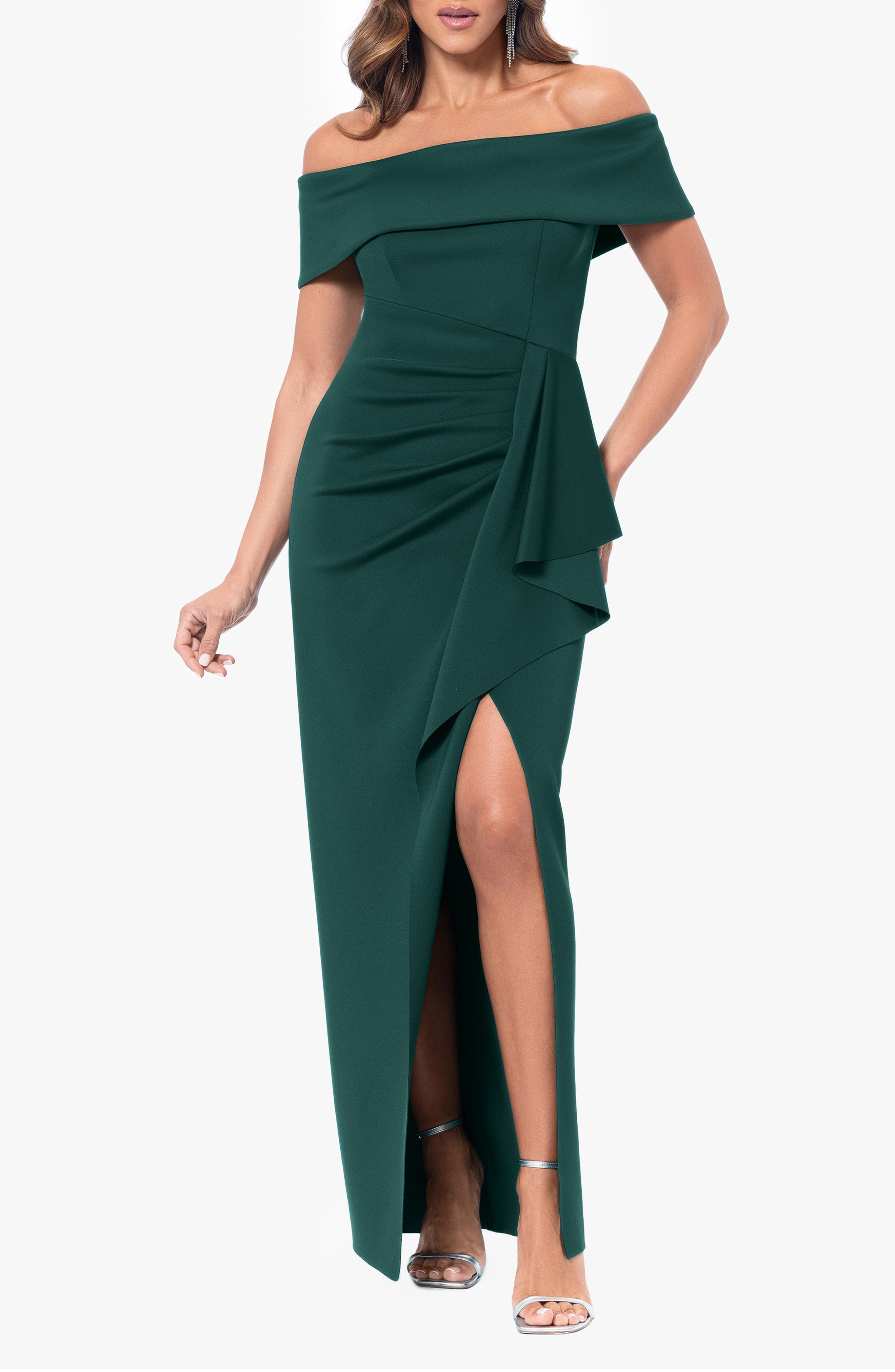 Side Ruffle Off the Shoulder Scuba Knit Gown - image 1