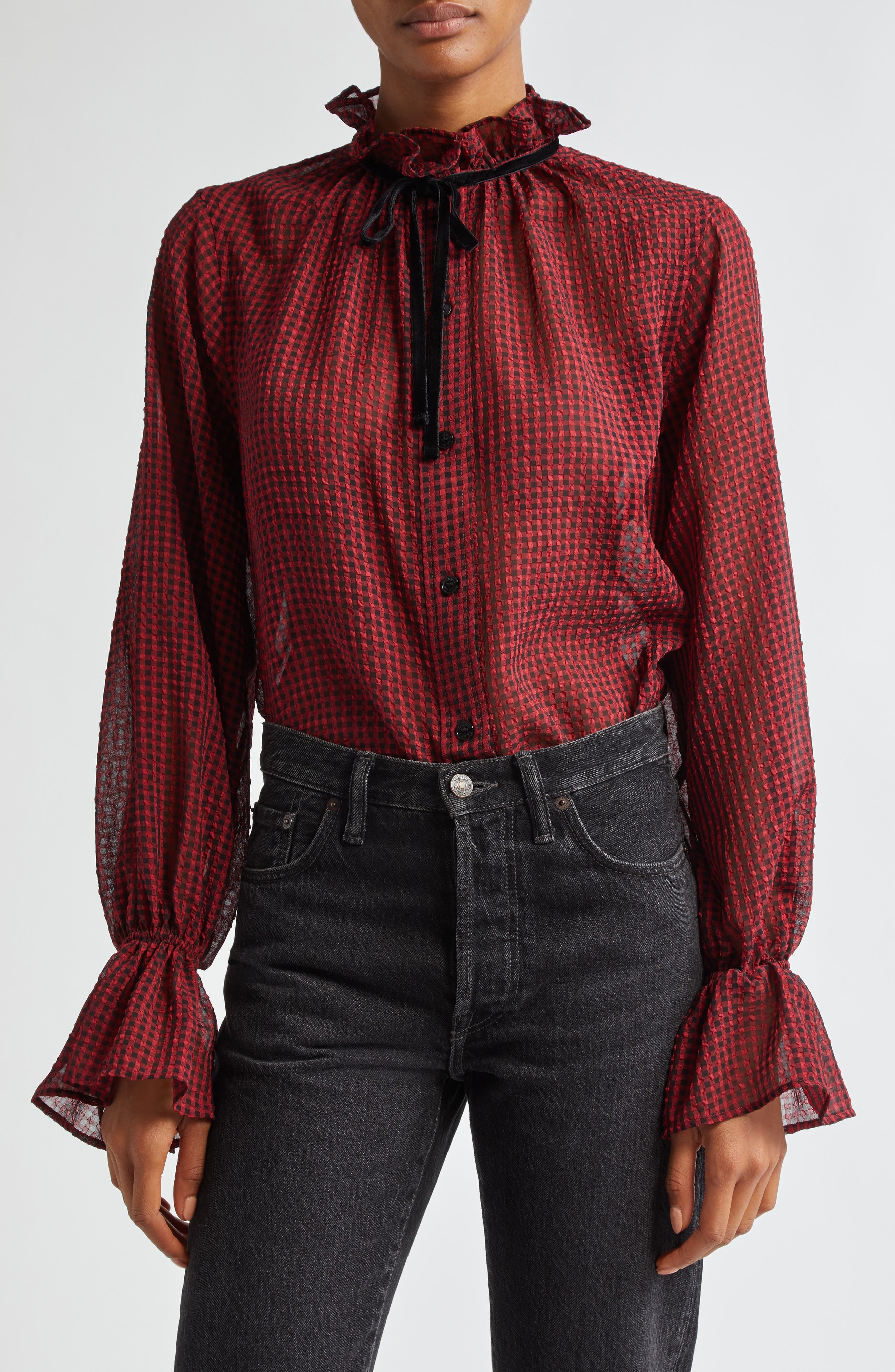 Check Seersucker Tie Neck Shirt - image 1