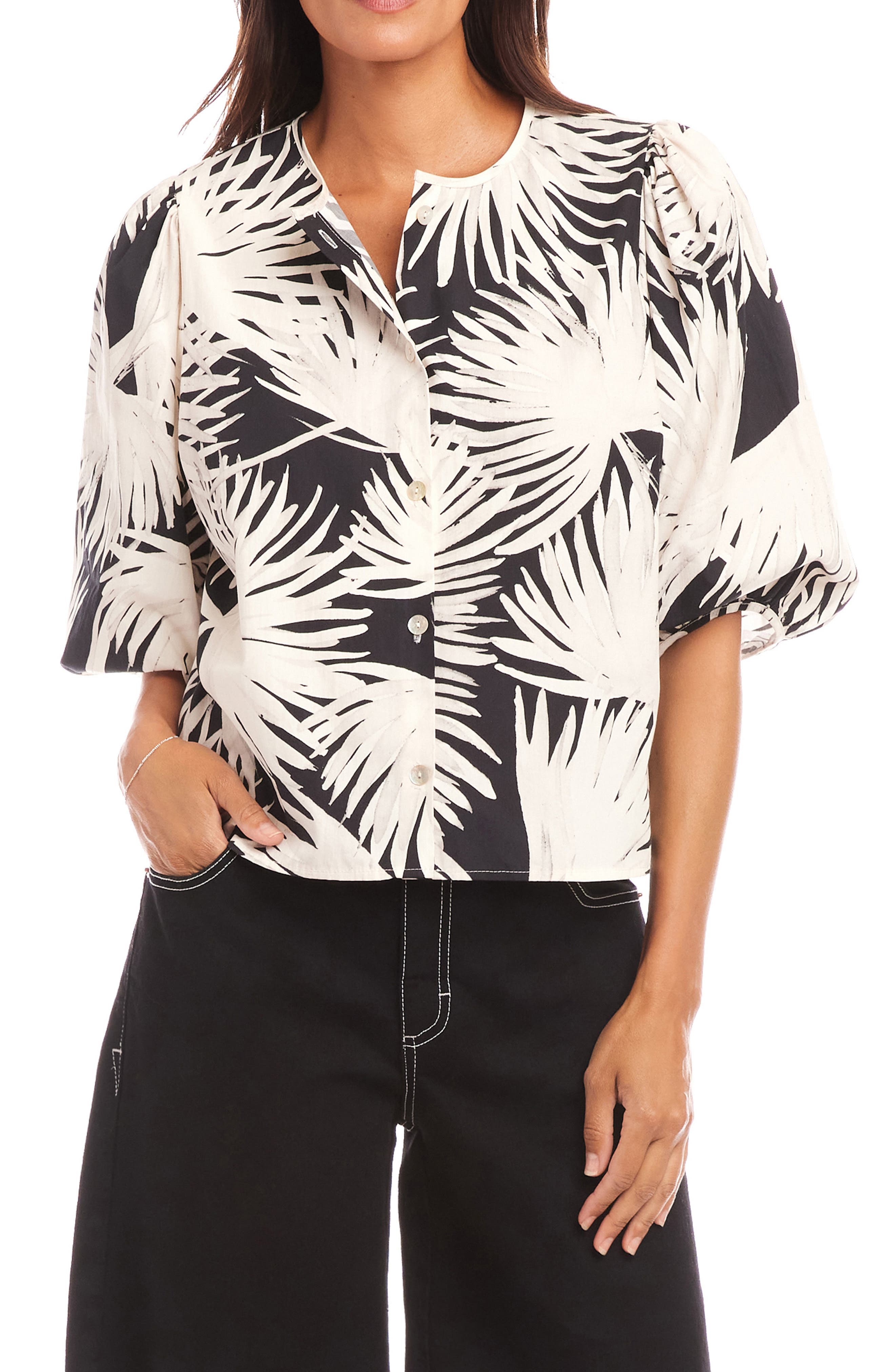 Palm Print Puff Sleeve Cotton Button-Up Top - image 1