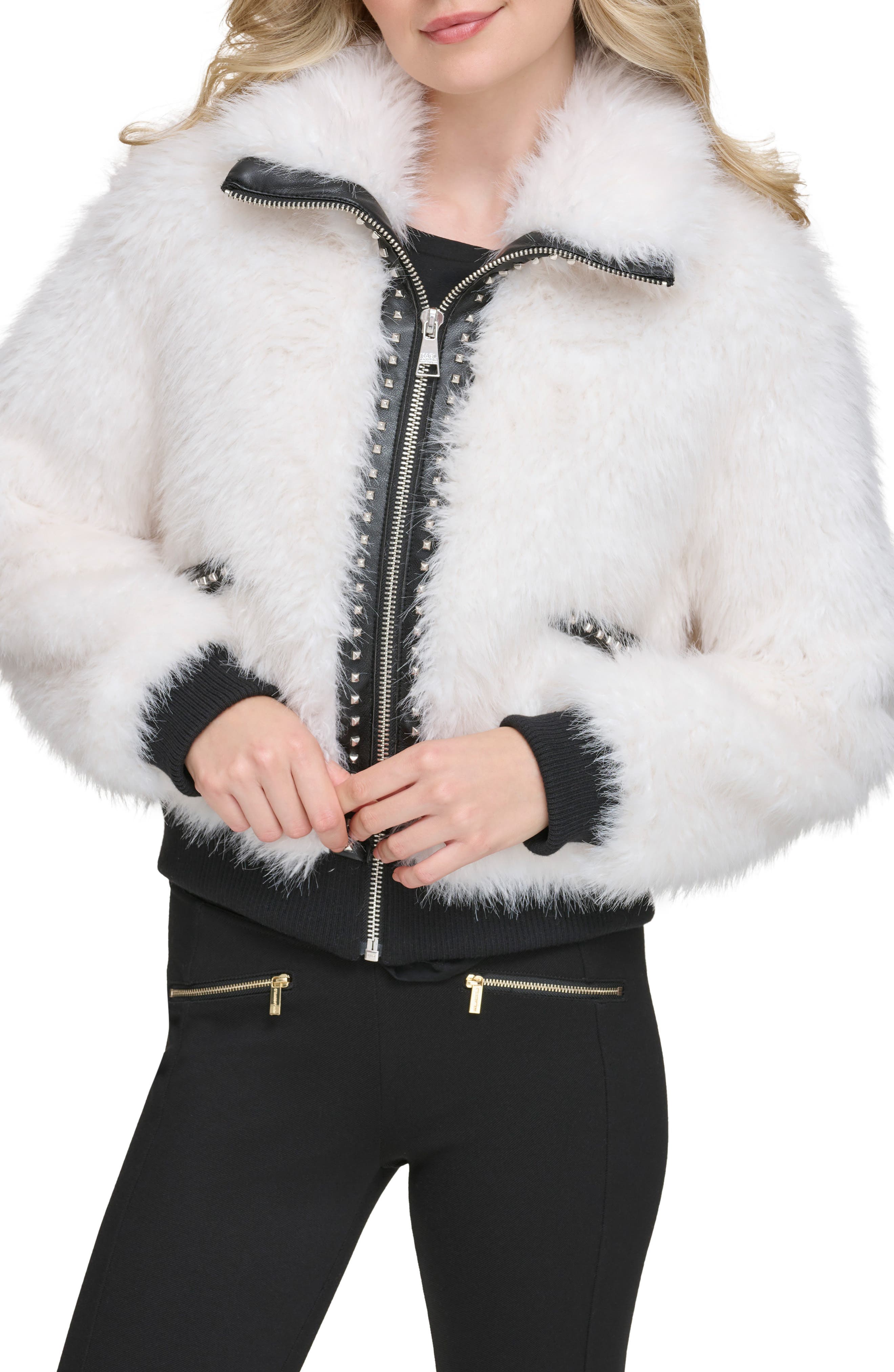 Shaggy Studded Faux Fur Bomber Jacket - image 1
