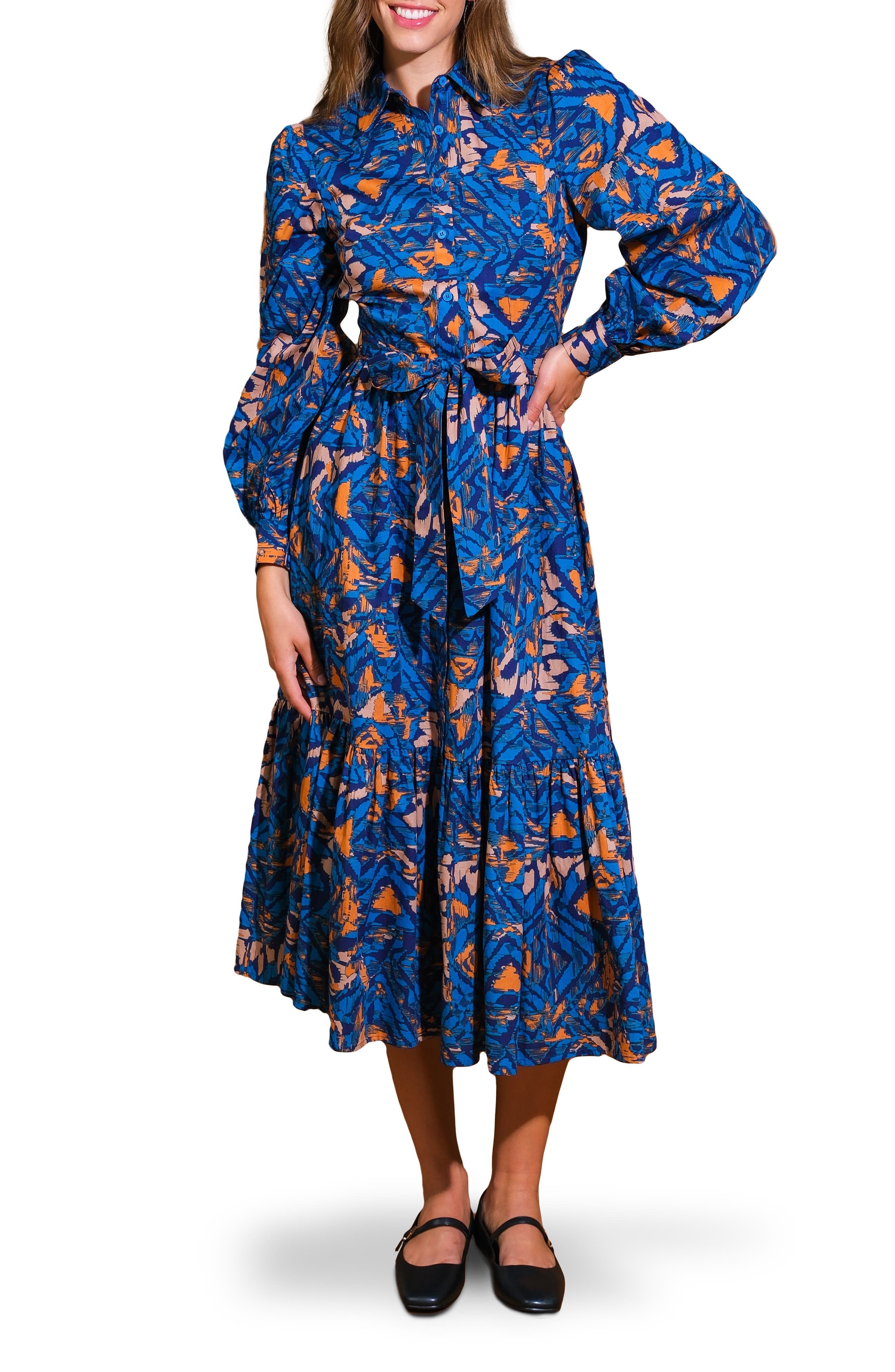 Print Long Sleeve Cotton Midi Shirtdress - image 1