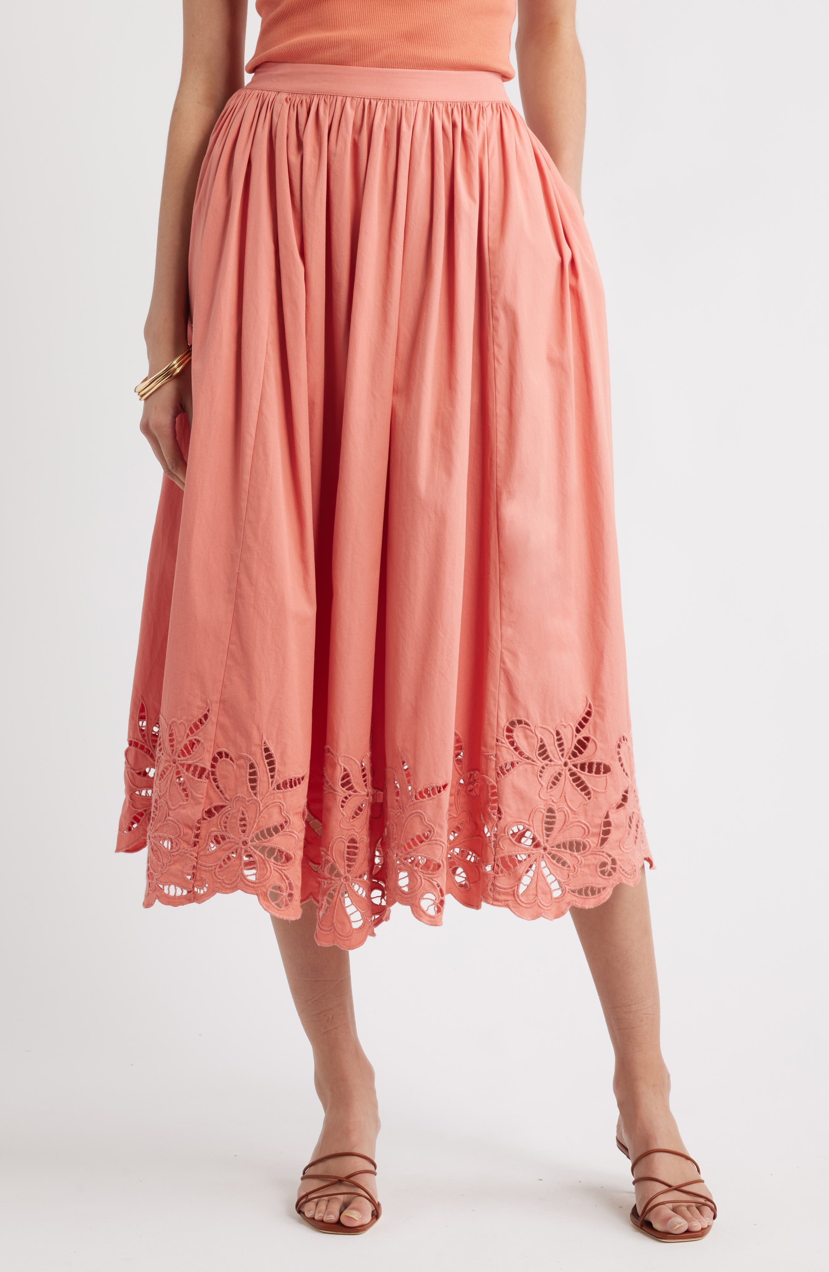 Schiffly Embrodiered Hem Cotton Midi Skirt - image 1