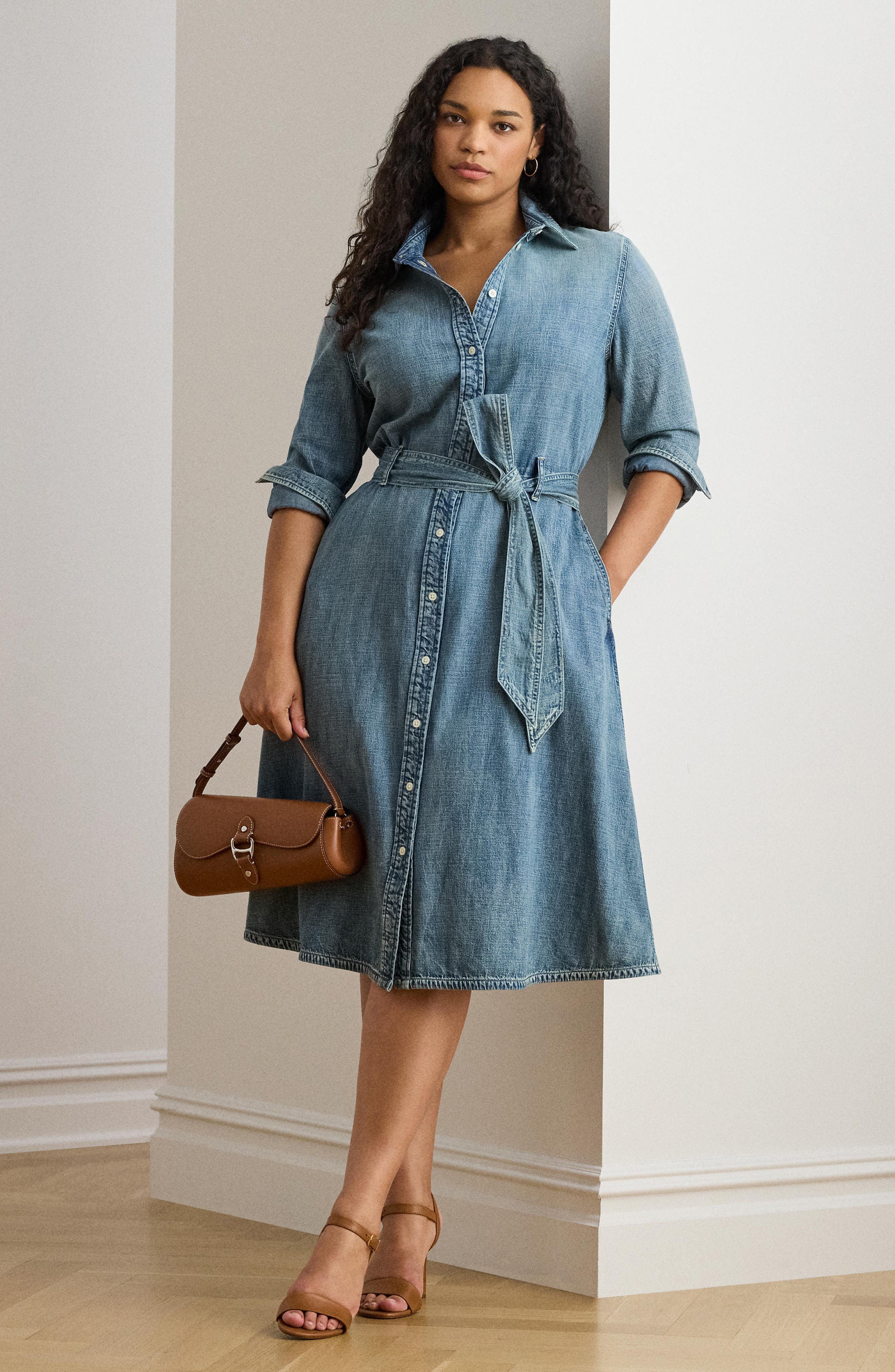 Belted Long Sleeve Denim Shirtdress - image 2