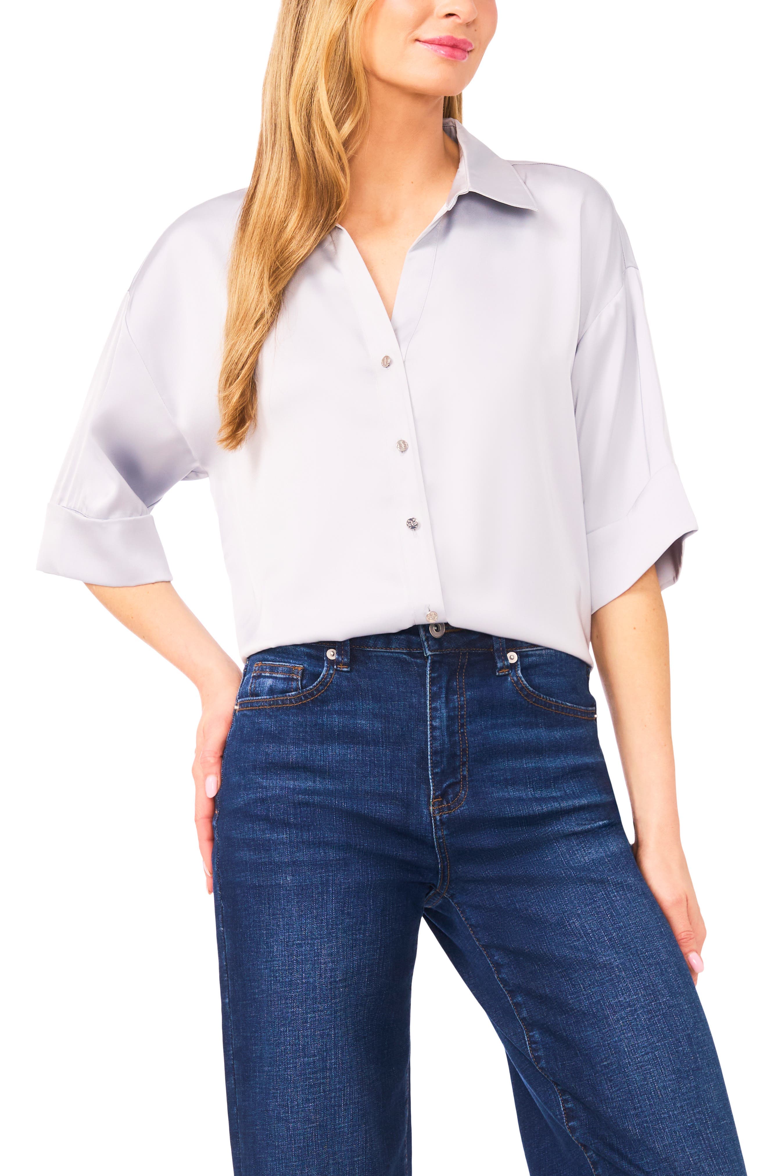 Three-Quarter Sleeve Satin Button-Up Shirt - image 3