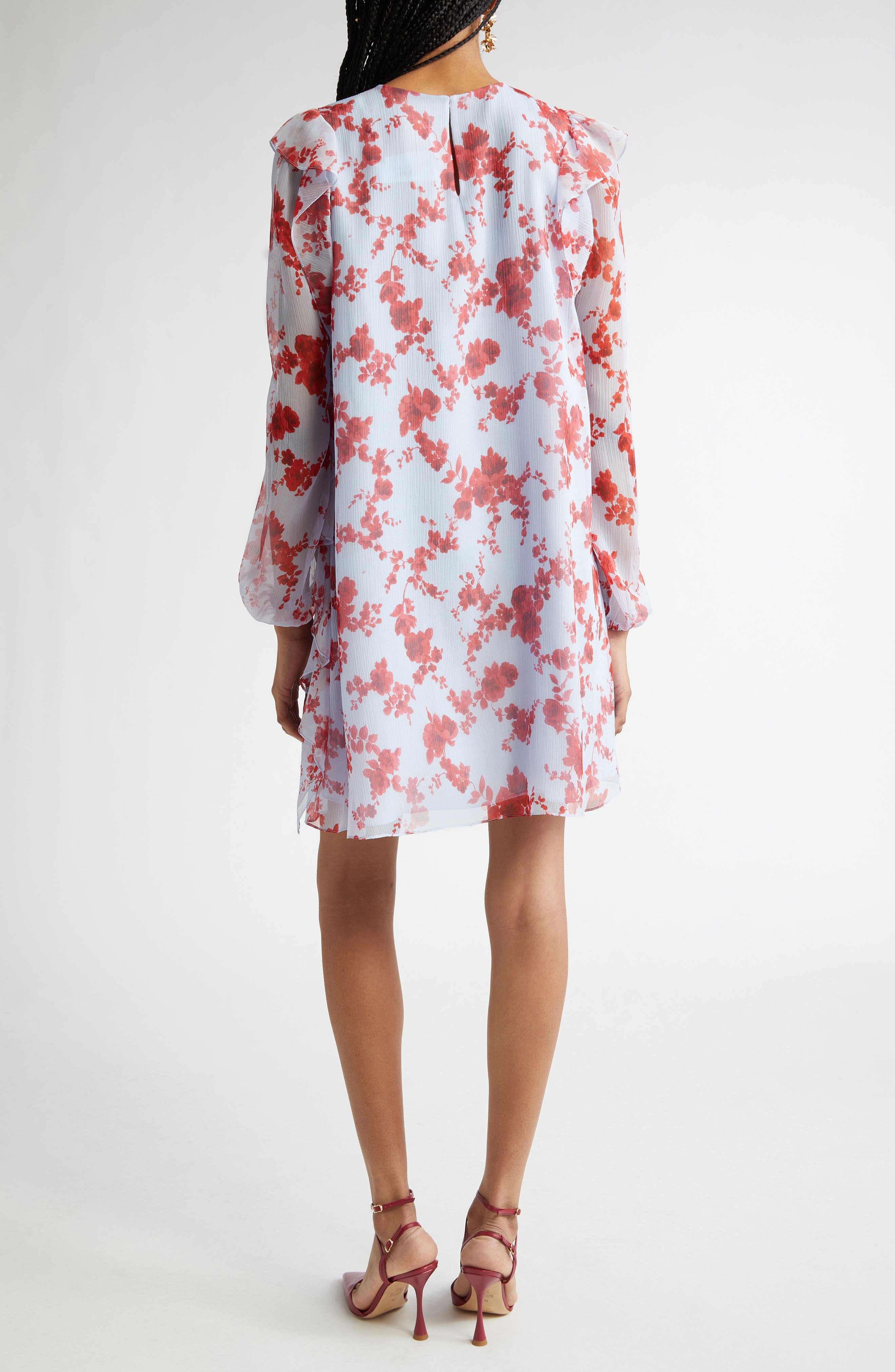 Floral Print Long Sleeve Tiered Ruffle Silk Chiffon Minidress - image 2