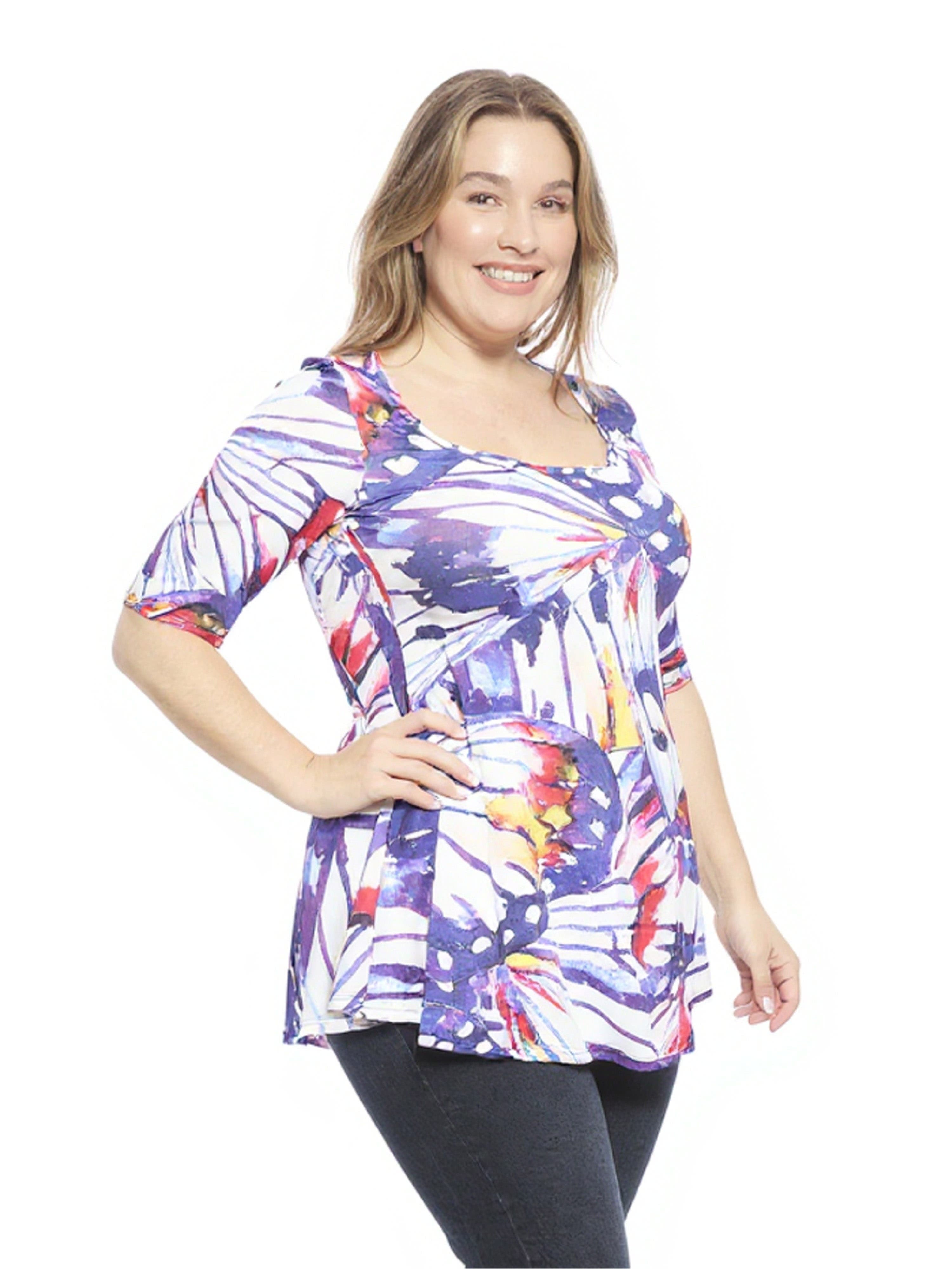 Plus Size Butterfly Scoop Neck Elbow Sleeve Tunic Top - image 2