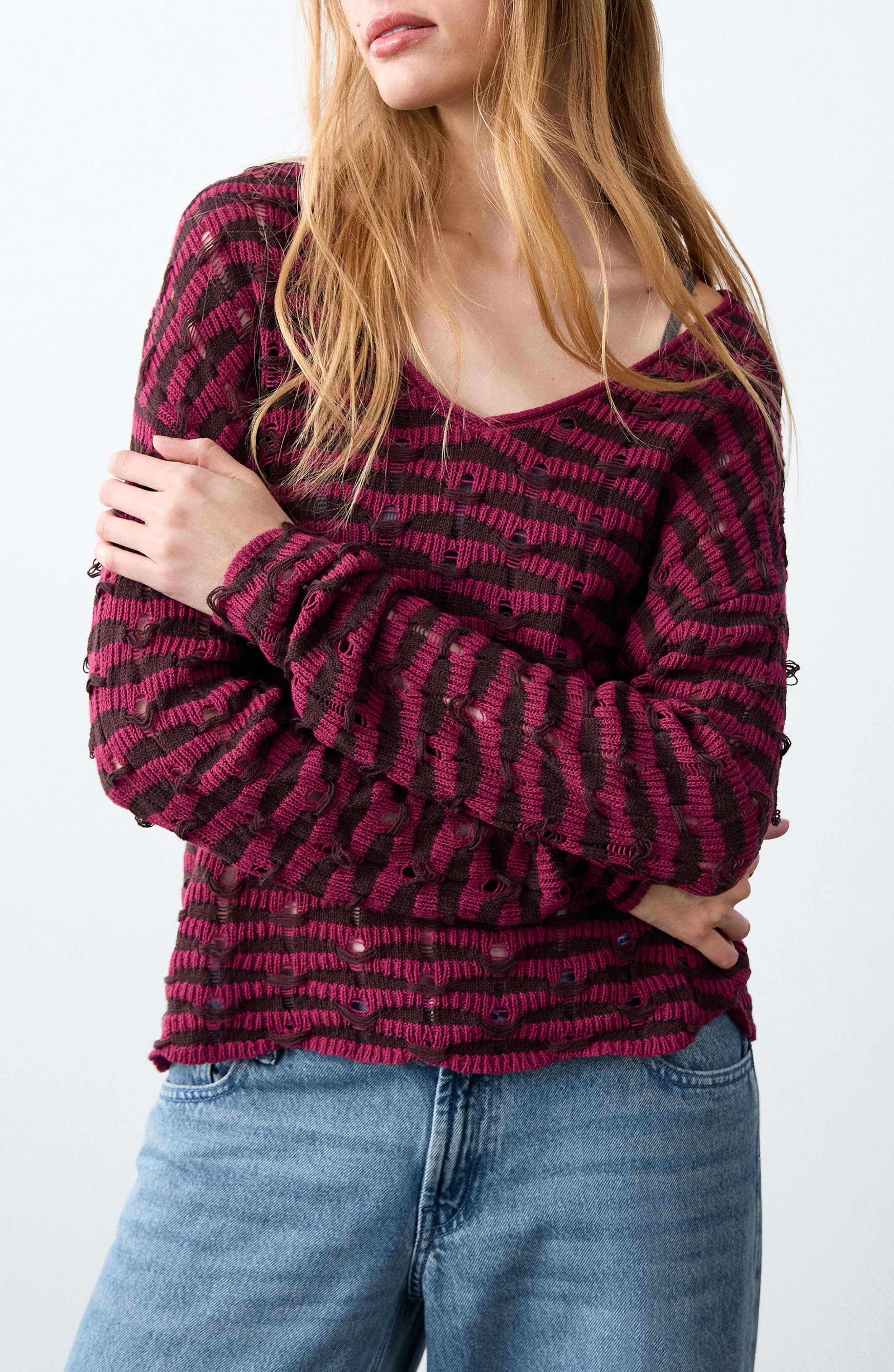 Stripe Openwork V-Neck Sweater - image 1