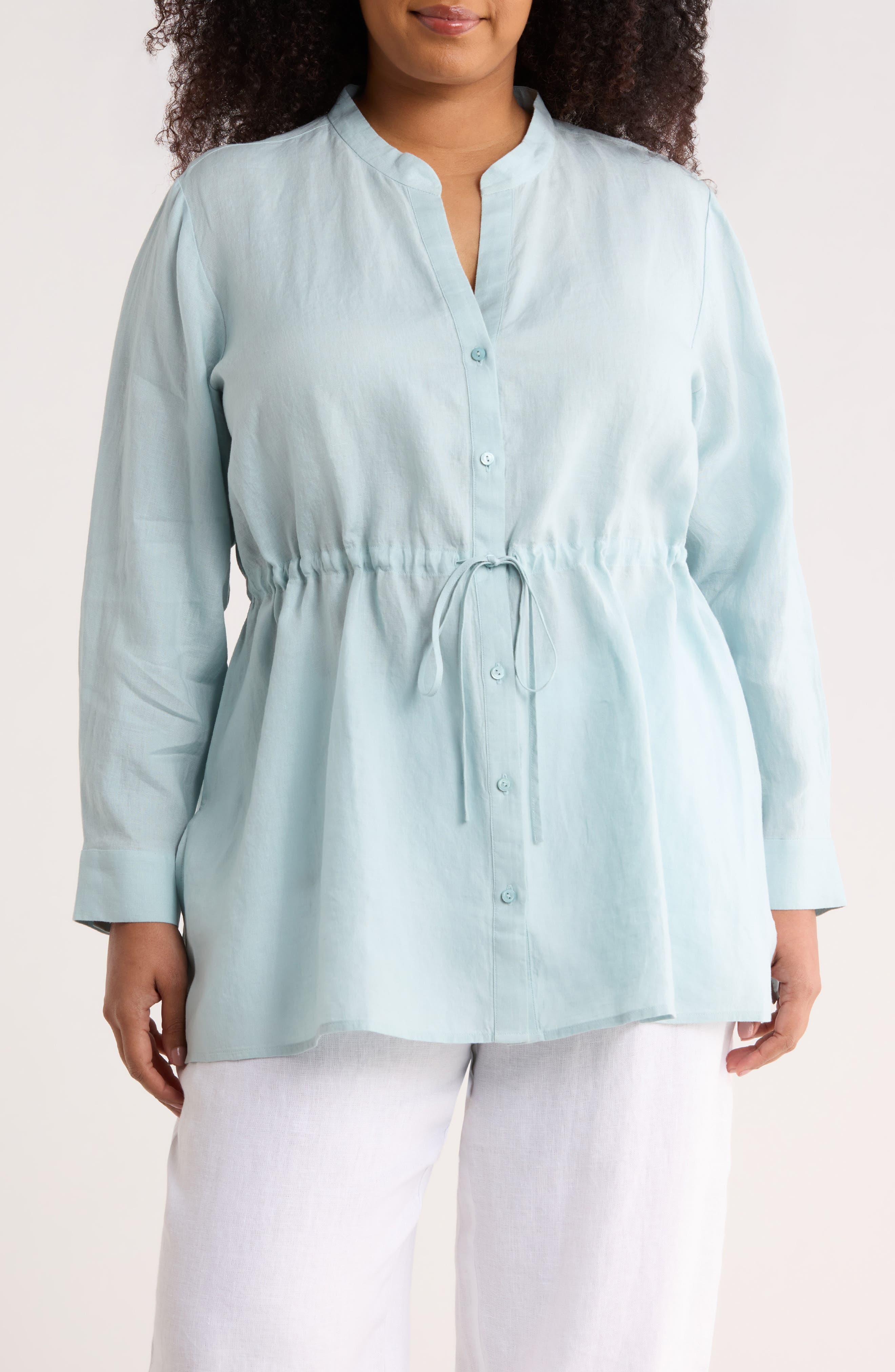 Split Neck Organic Linen Long Drawstring Shirt - image 3