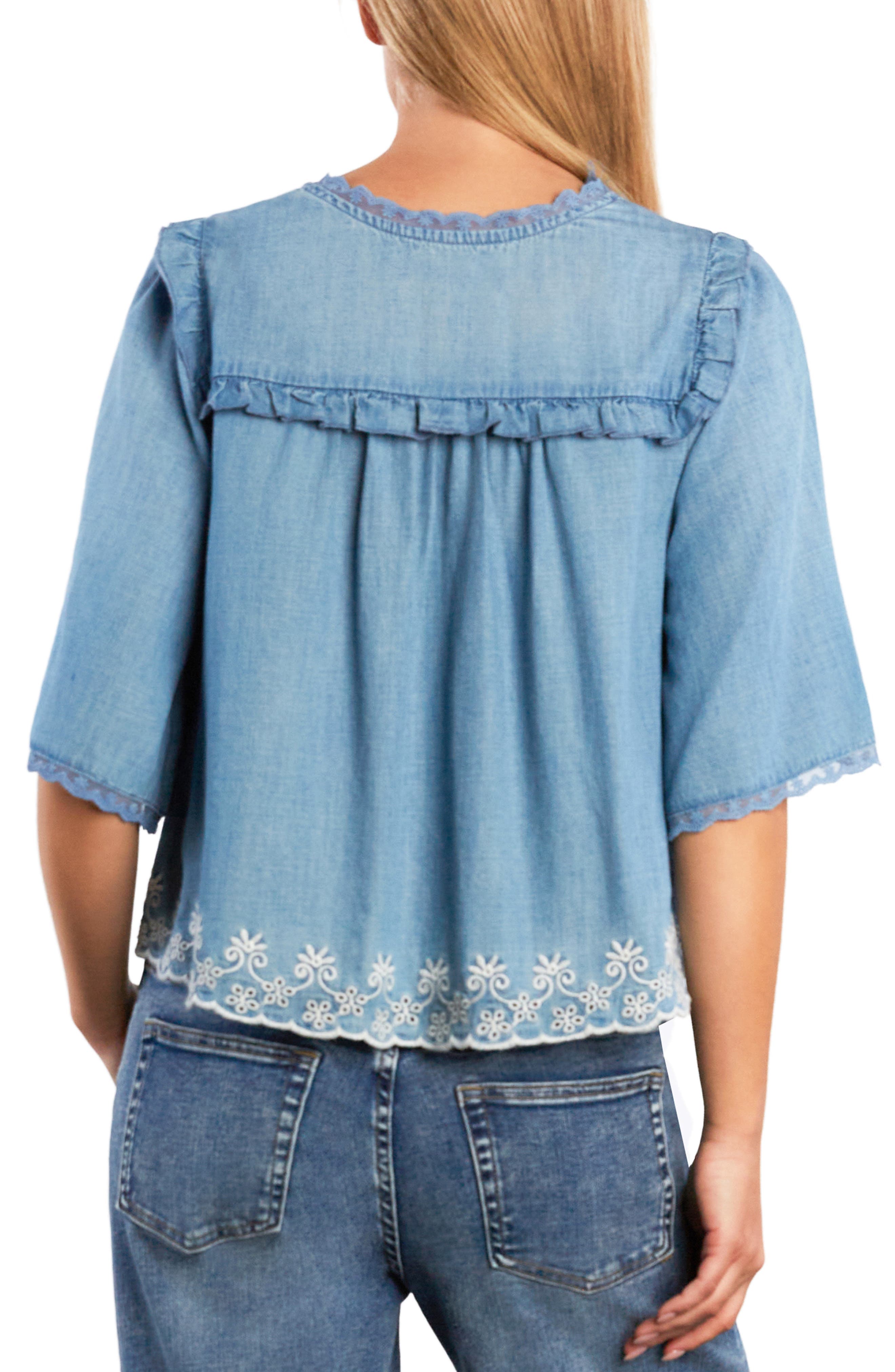 Lady Butterfly Lace Trim Chambray Top - image 2