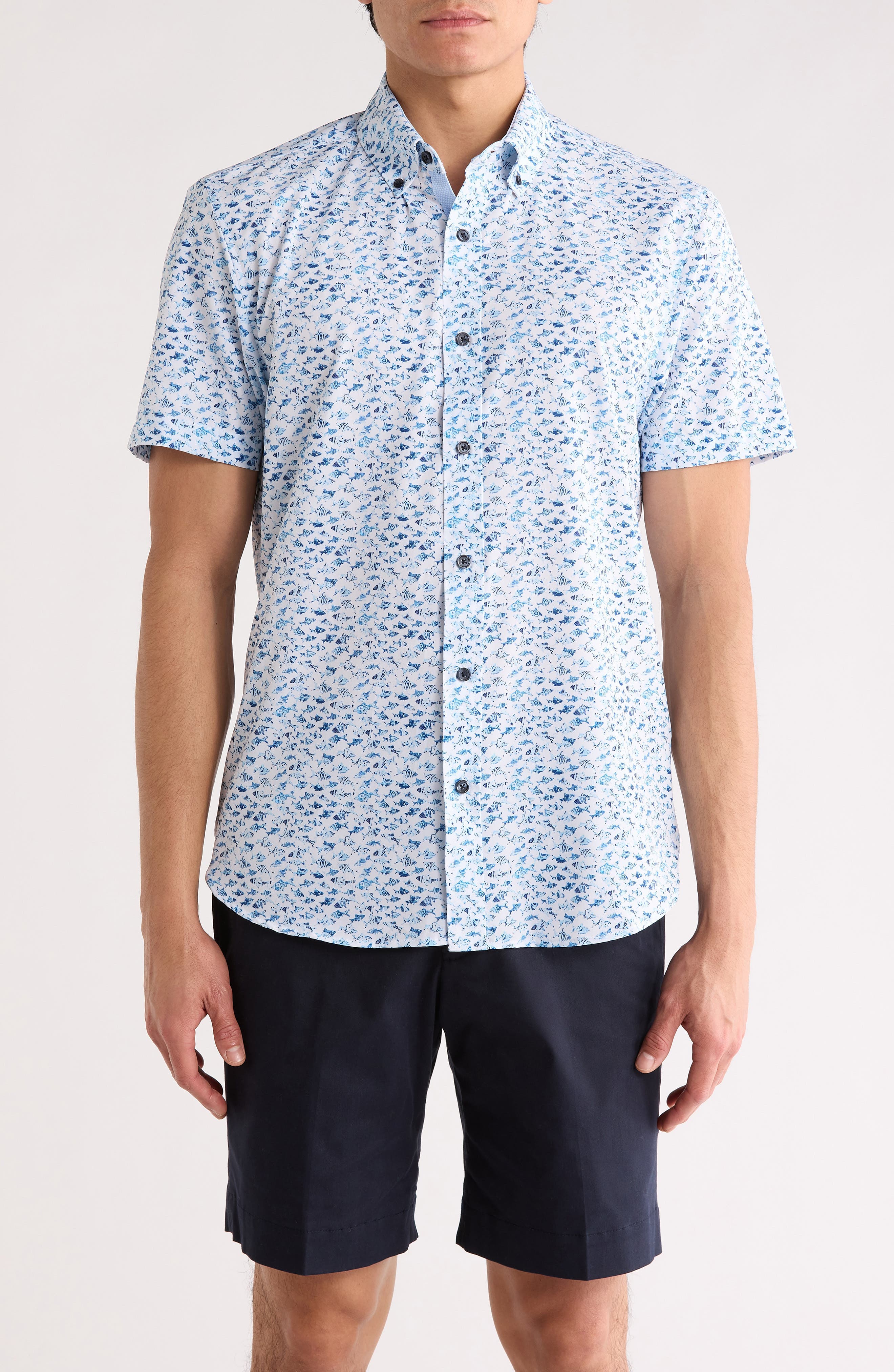 Slim Fit Fish Floral Print Short Sleeve Button-Down Shirt - image 1