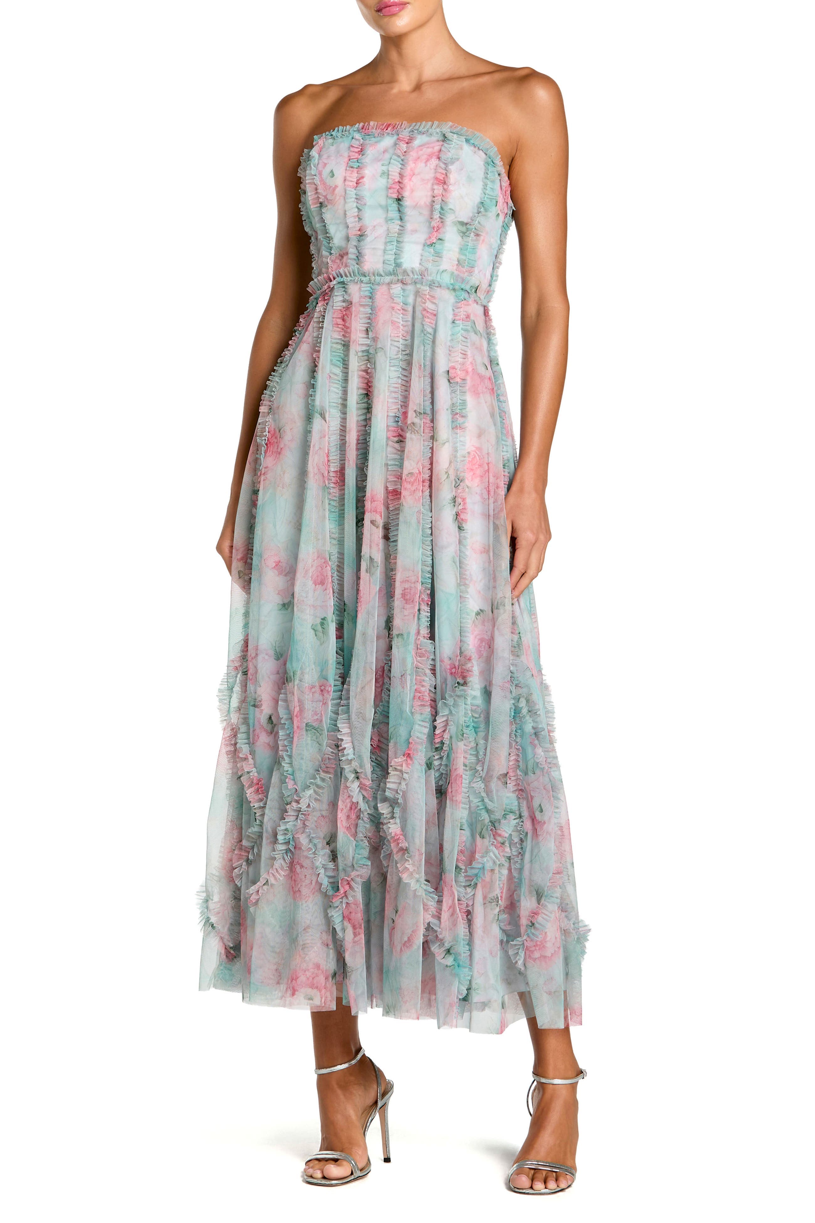 Ankle Length Strapless Floral Ruffle Dress - image 1