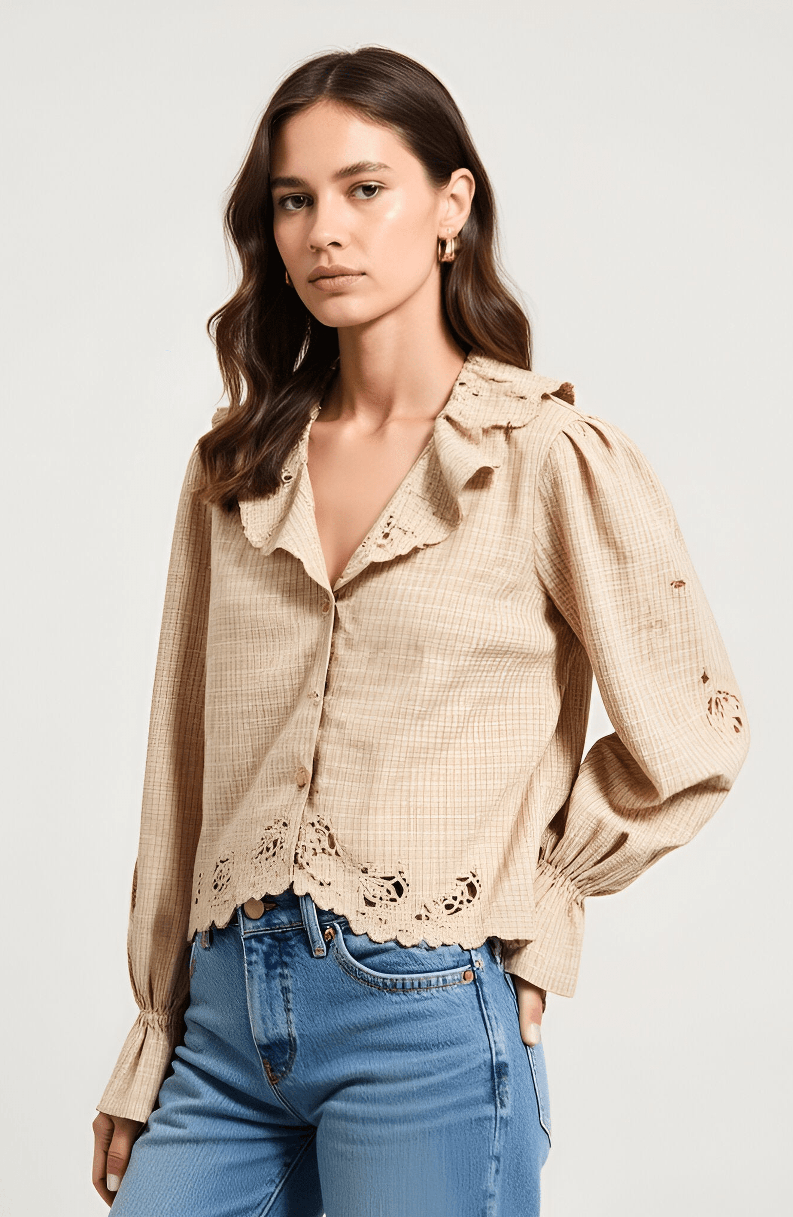 Embroidered Scallop Trim Ruffle Collar Long Sleeve Blouse - image 1