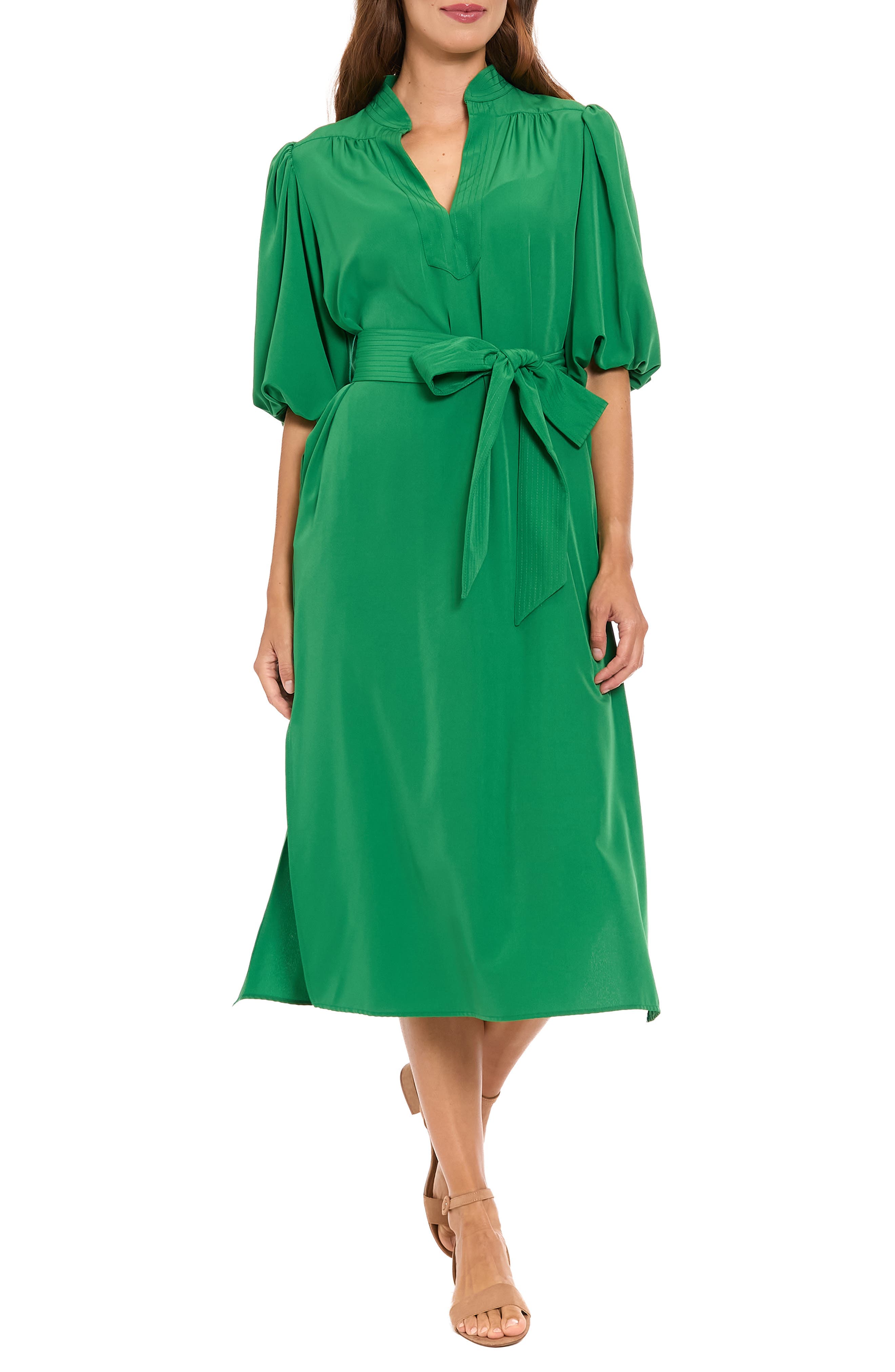 Split Neck Tie Waist Midi Dress - image 1