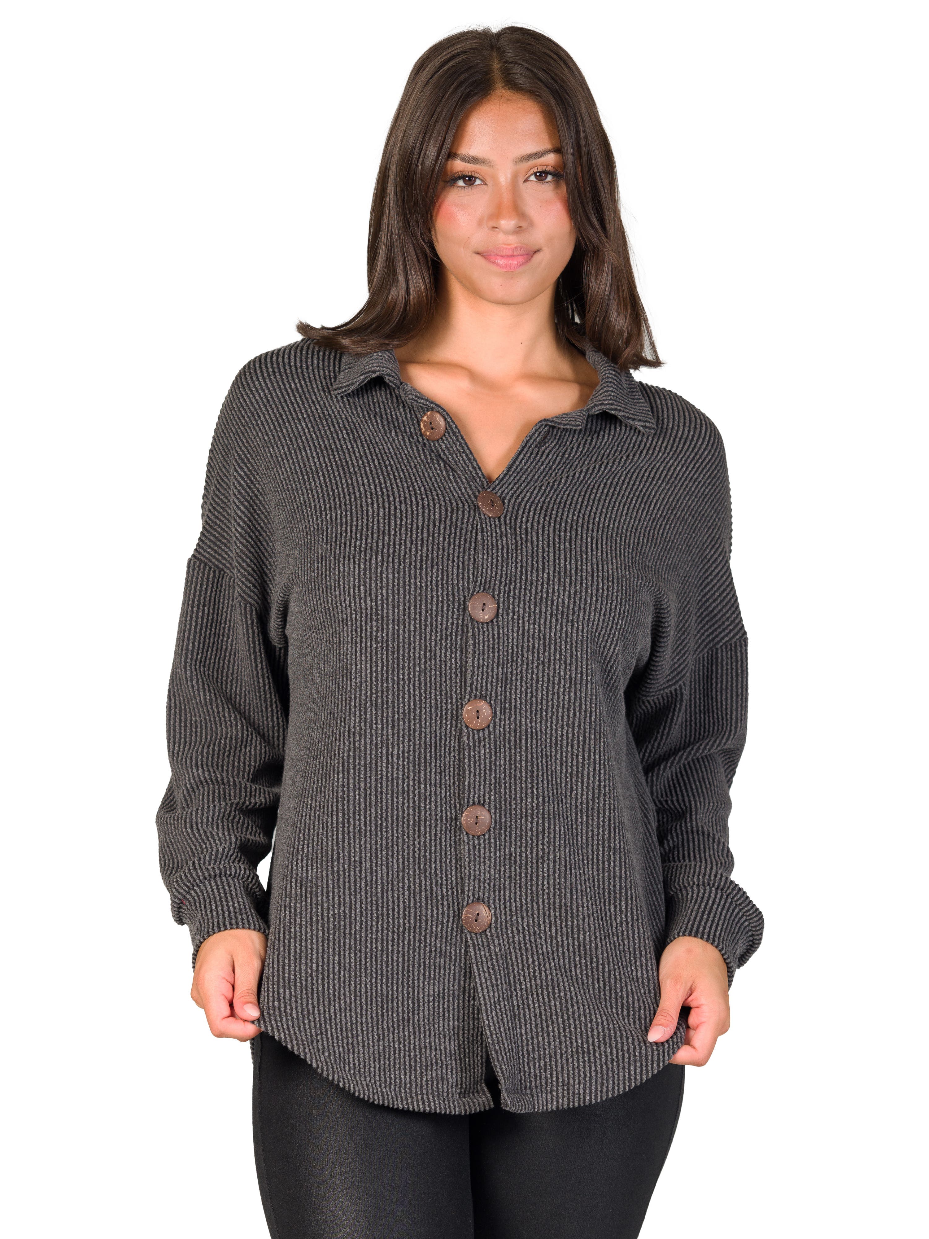 Ribbed Button Up Long Sleeve Collared Shirt Jacket - image 1