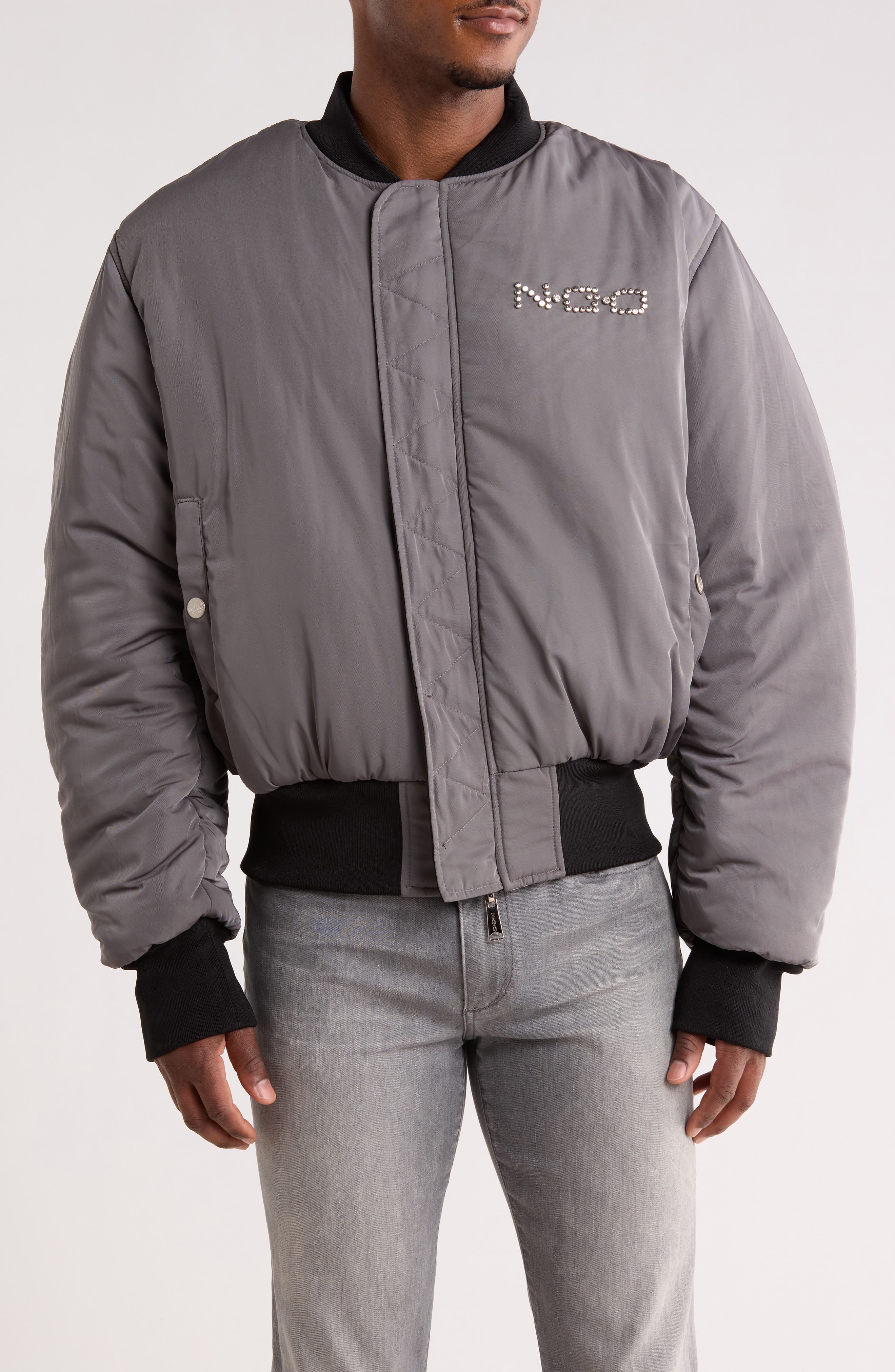 Mixed Media Studded Bomber Jacket - image 2