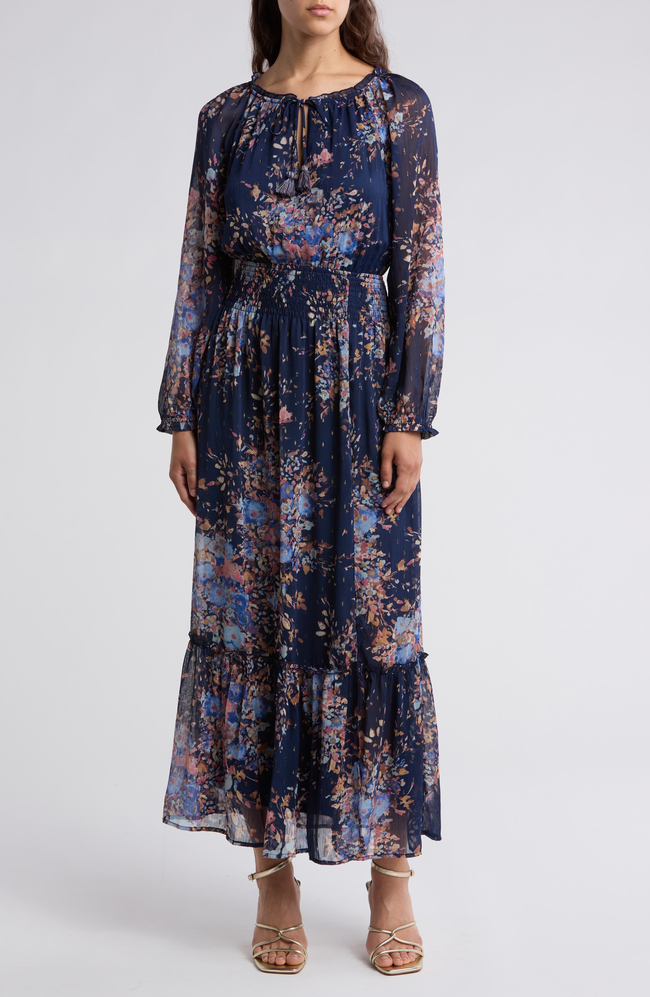 Metallic Long Sleeve Chiffon Maxi Dress - image 1