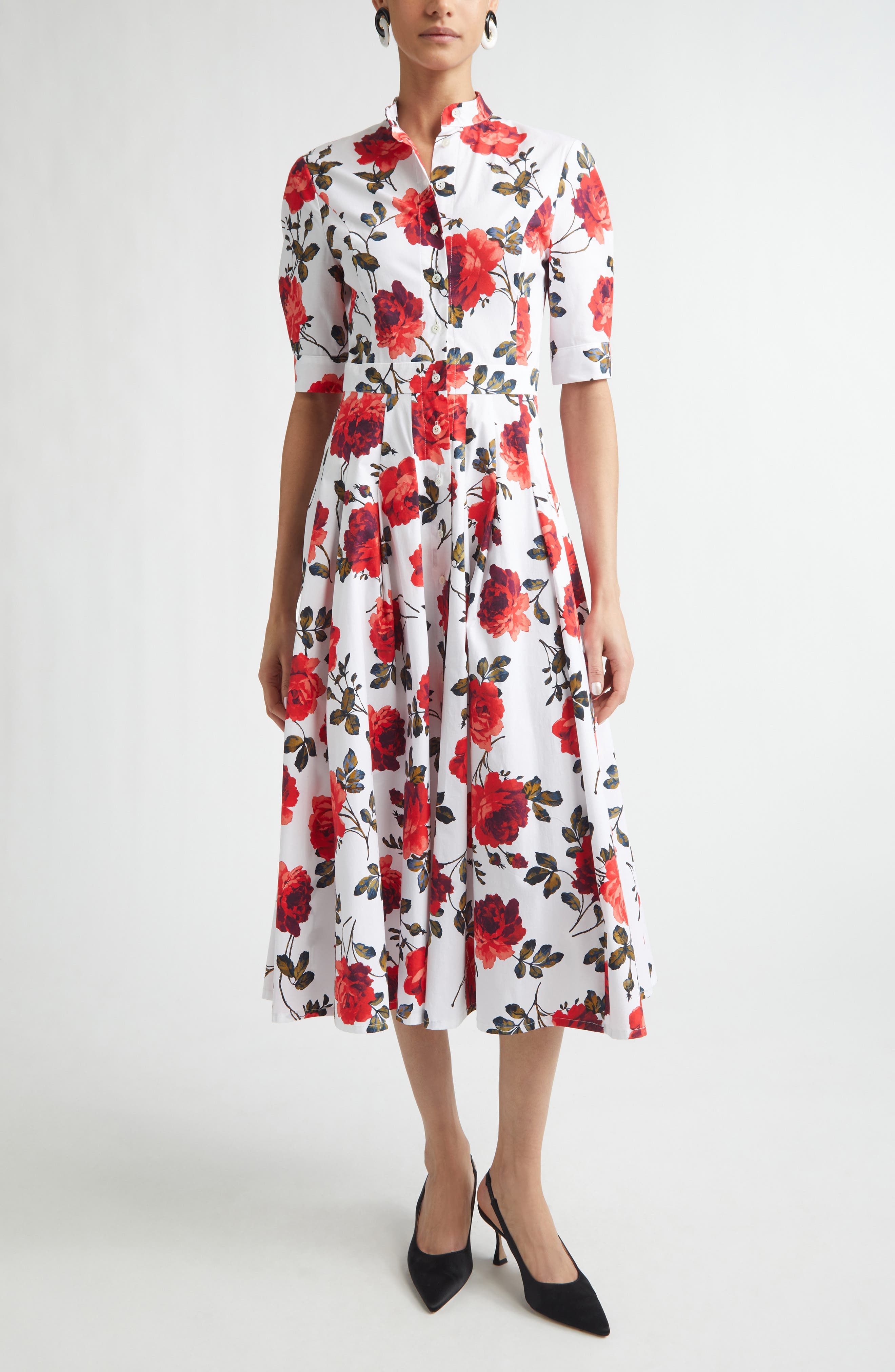 Rose Print Stretch Cotton Poplin Shirtdress - image 1