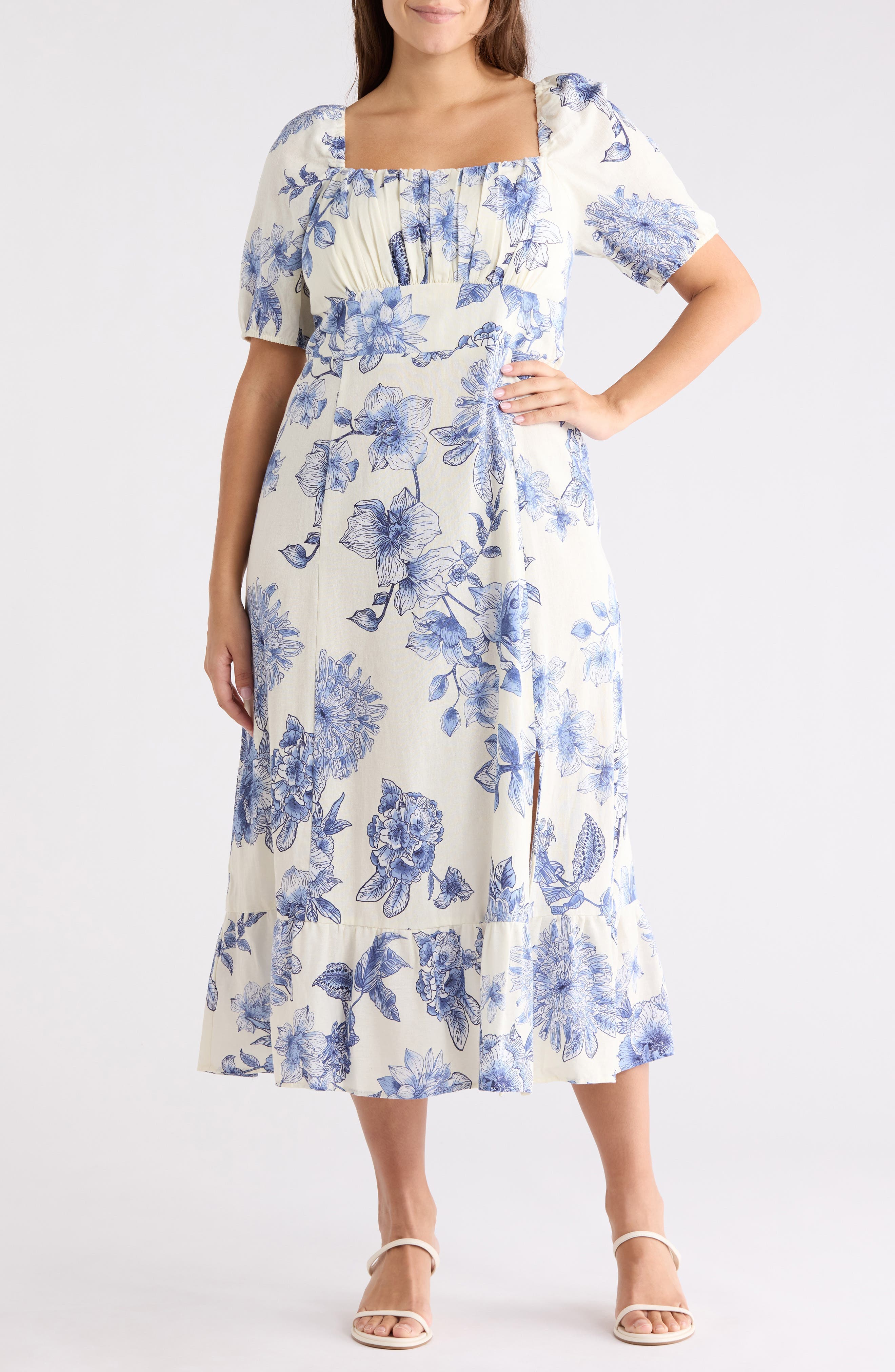 Floral Puff Sleeve Linen Blend Midi Dress - image 1