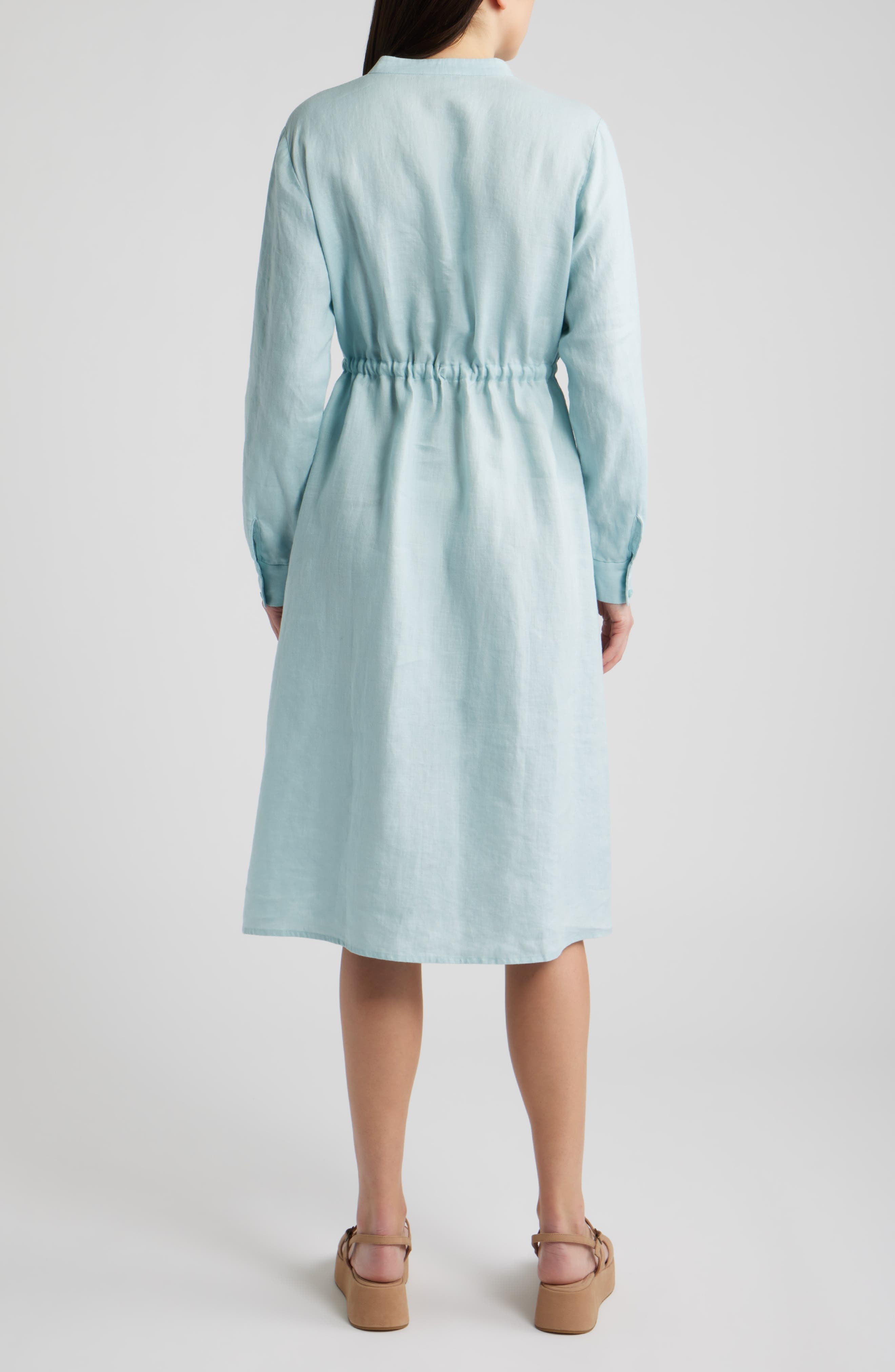 Mandarin Collar Long Sleeve Organic Linen Midi Shirtdress - image 4