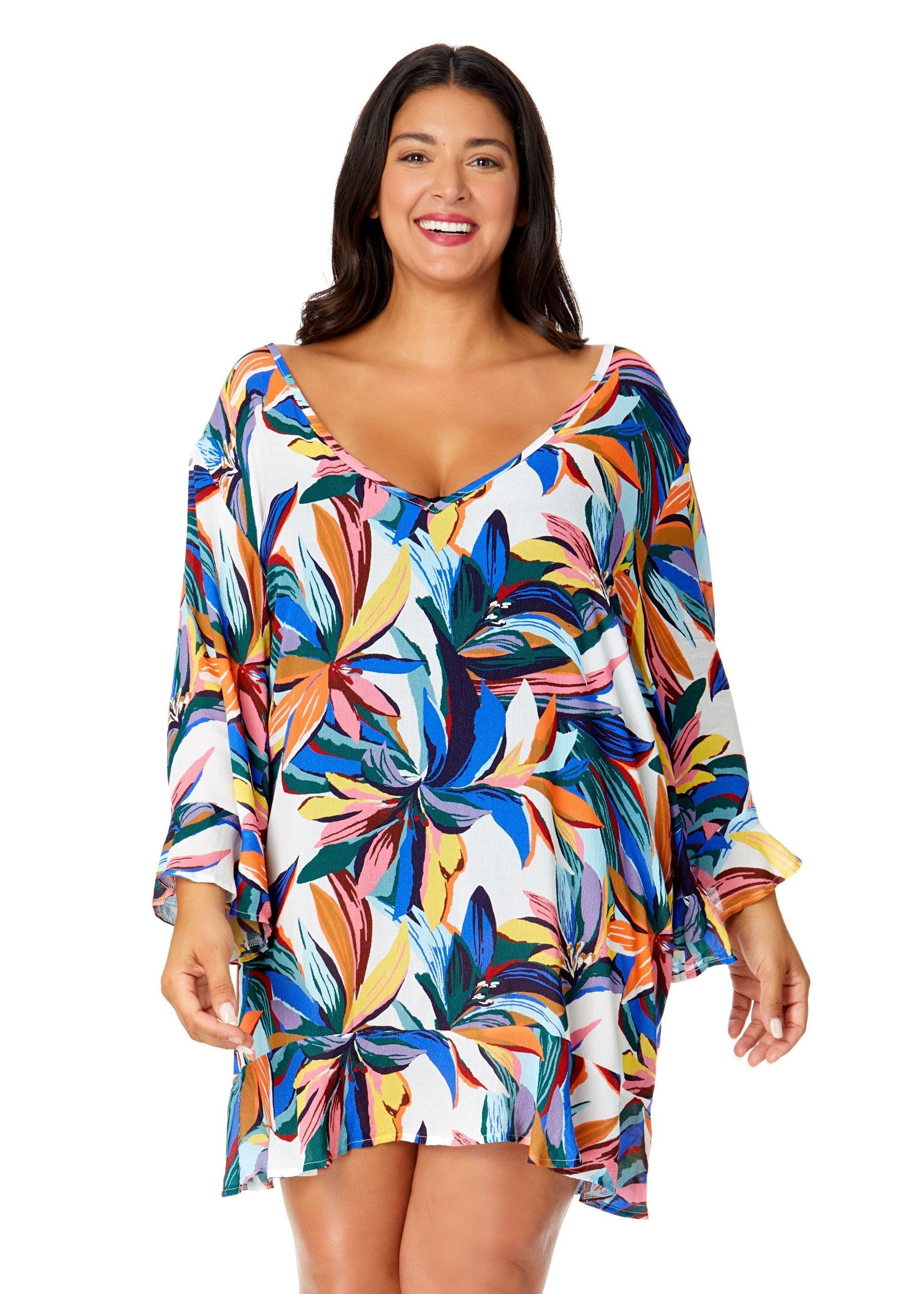 Women's Plus Riviera Floral Flounce V Neck Tunic Swimsuit Cover Up - image 1